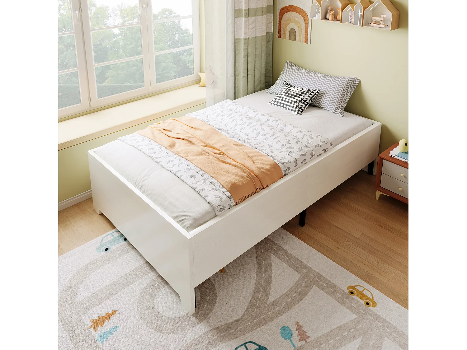 Cama individual 90x200 cm madera maciza sin cabecero - Diseño antideslizante - Madera maciza y MDF - Blanco (sin colchón)