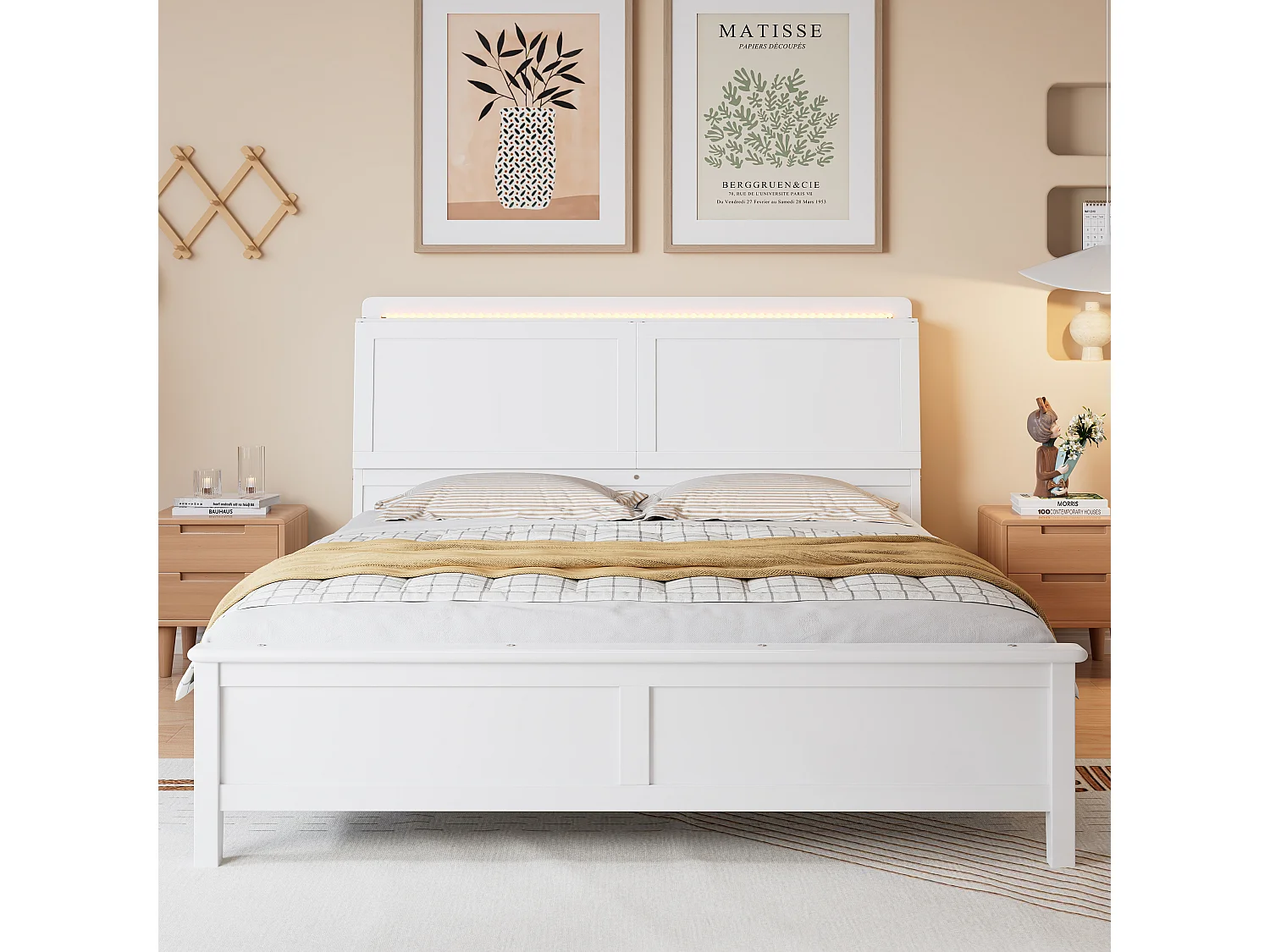 Cama 140 x 200 cm com porta rebatível e faixa de luz - Pinho + MDF - para Adultos - Branco