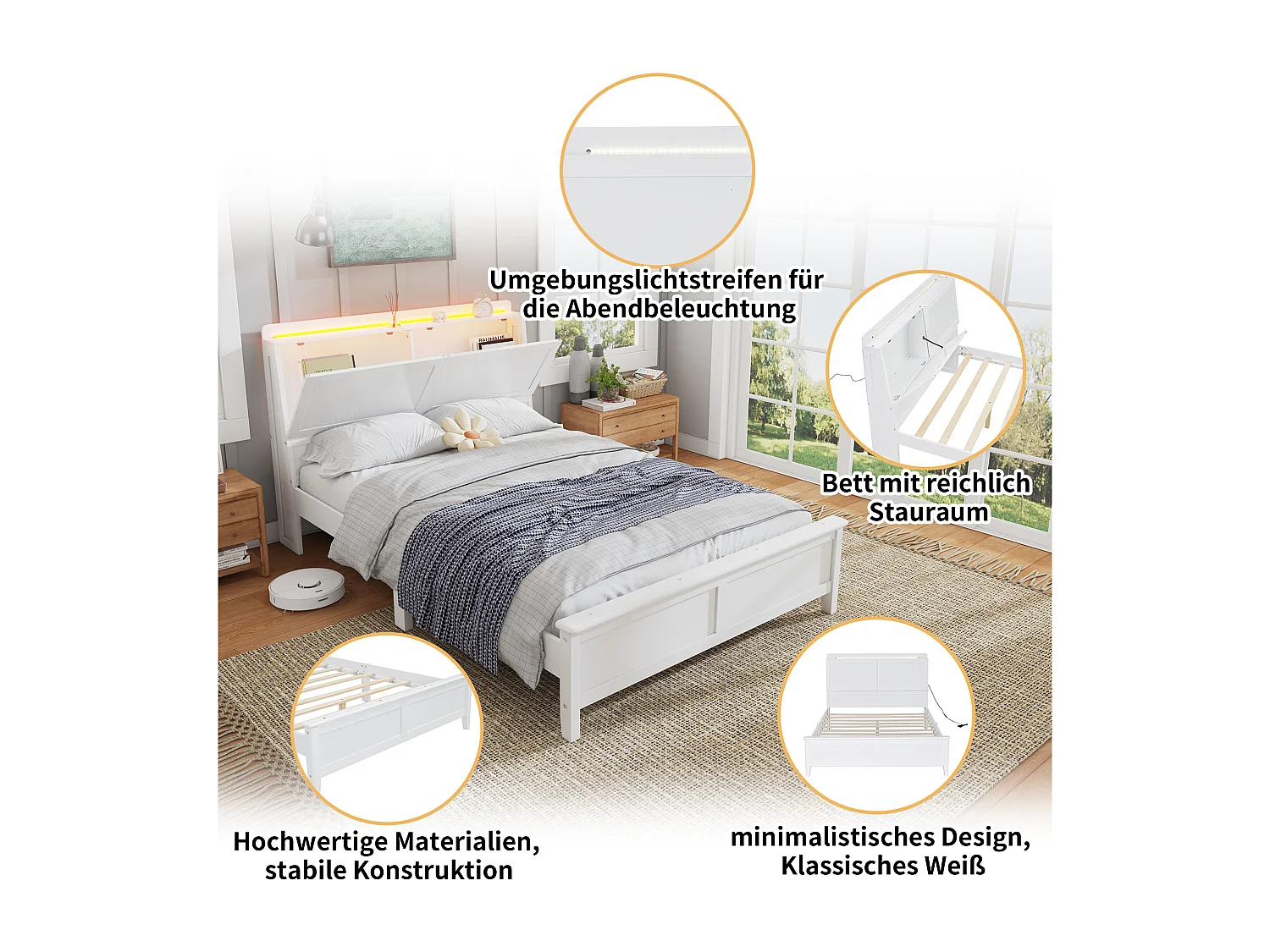 Cama 140 x 200 cm com porta rebatível e faixa de luz - Pinho + MDF - para Adultos - Branco