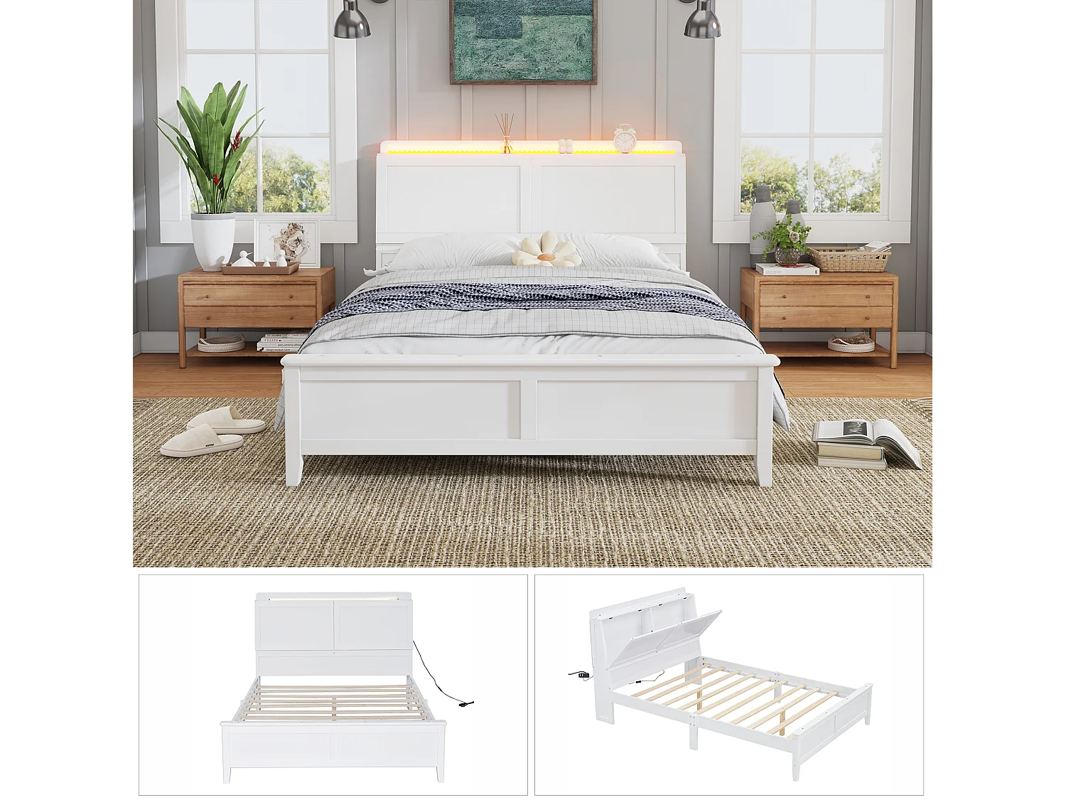 Cama 140 x 200 cm com porta rebatível e faixa de luz - Pinho + MDF - para Adultos - Branco