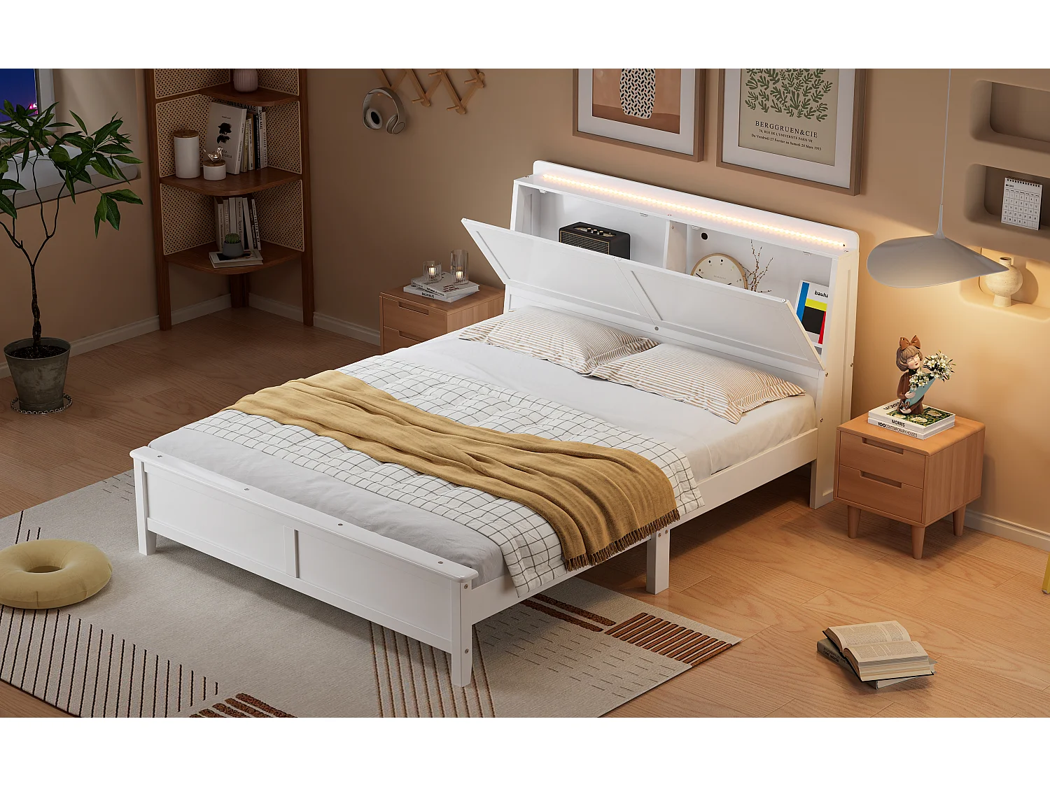 Cama 140 x 200 cm com porta rebatível e faixa de luz - Pinho + MDF - para Adultos - Branco