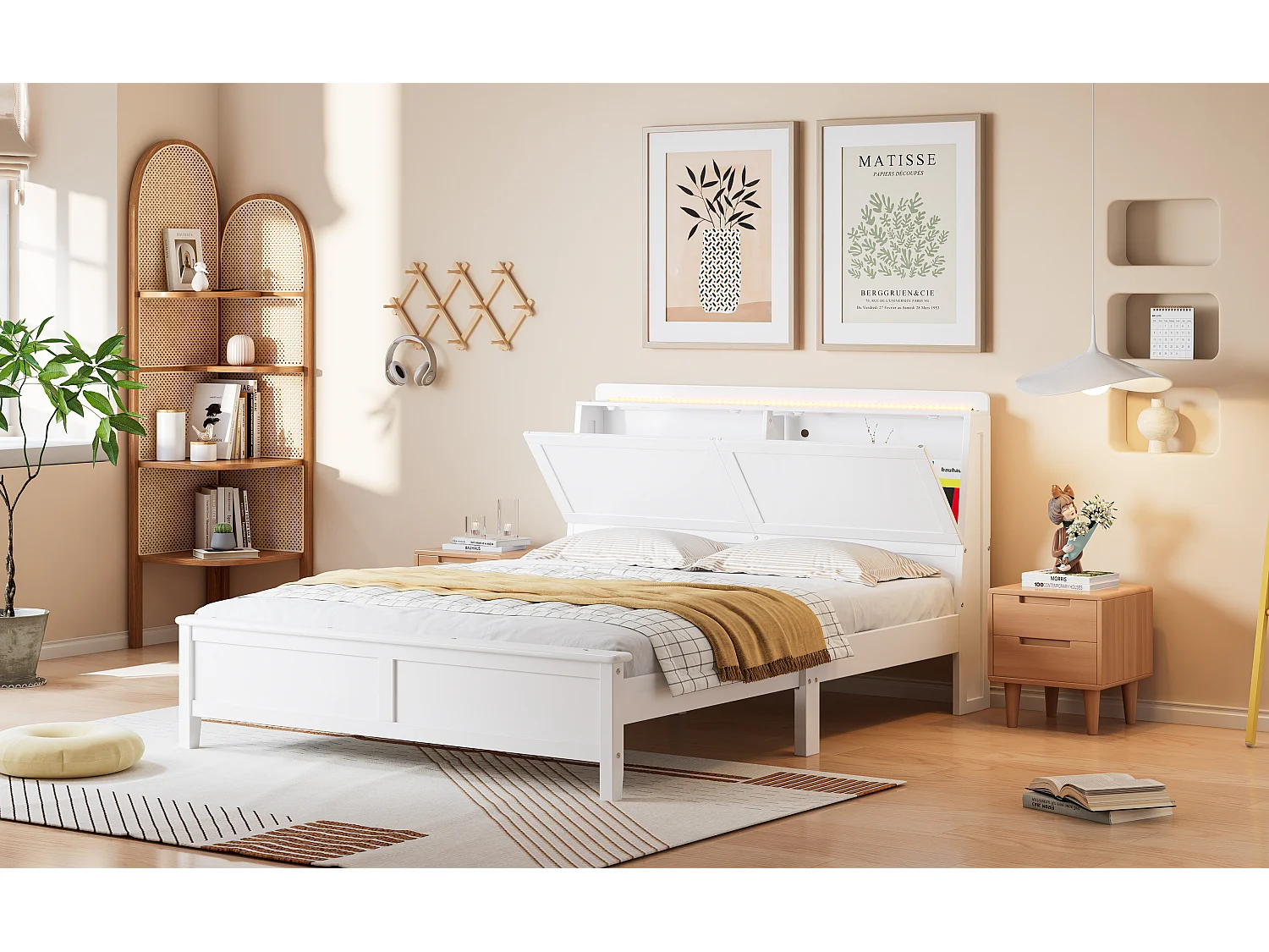 Cama 140 x 200 cm com porta rebatível e faixa de luz - Pinho + MDF - para Adultos - Branco