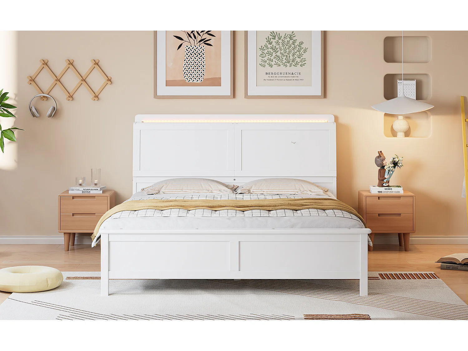 Cama 140 x 200 cm com porta rebatível e faixa de luz - Pinho + MDF - para Adultos - Branco