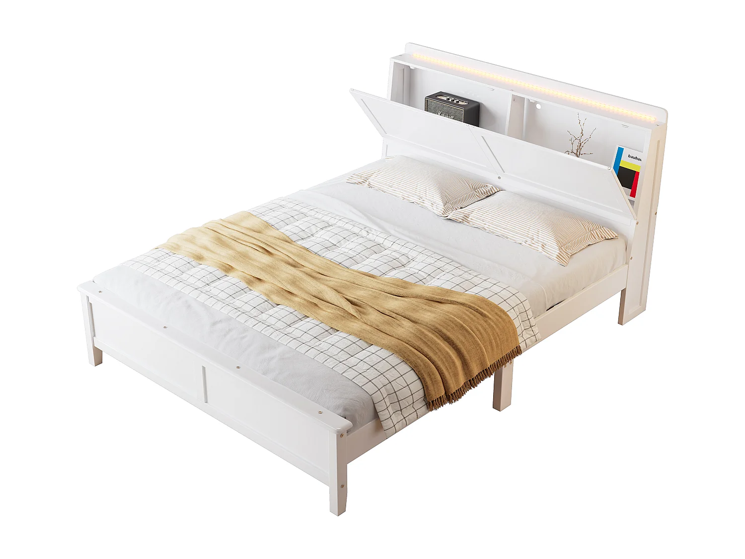 Cama 140 x 200 cm com porta rebatível e faixa de luz - Pinho + MDF - para Adultos - Branco