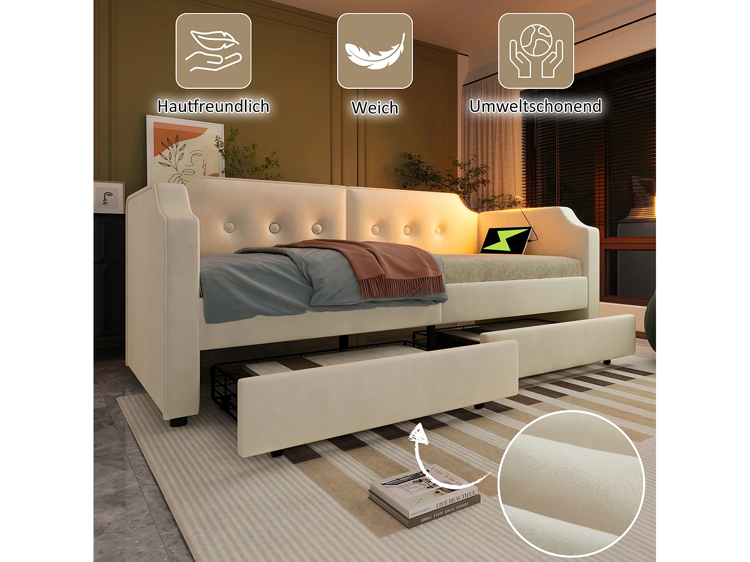Cama tapizada 90x200 cm con 2 cajones, sofá cama con 2 cajones, lámpara de lectura y toma USB Tipo C - Terciopelo - Beige (sin colchón)