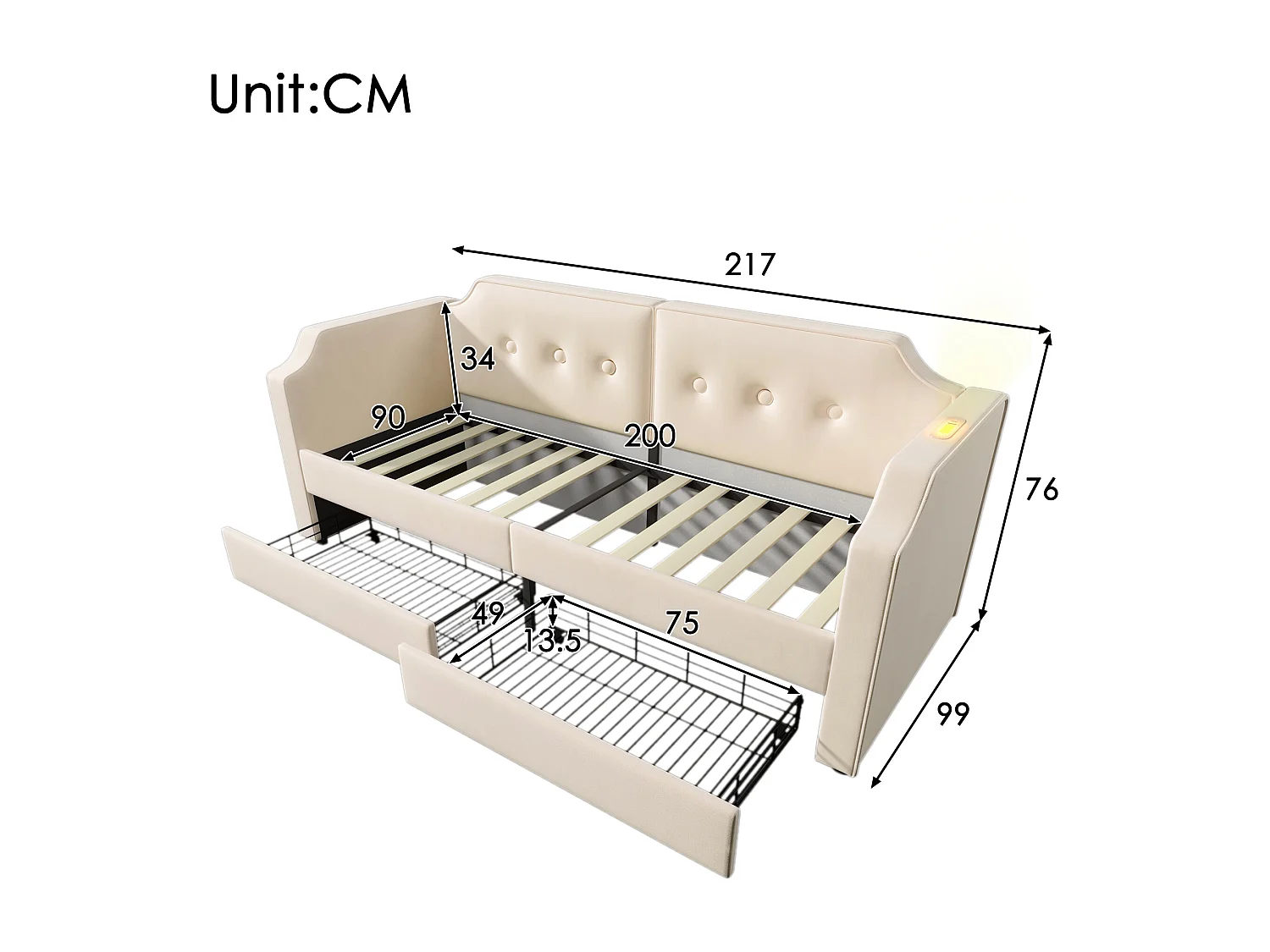 Cama tapizada 90x200 cm con 2 cajones, sofá cama con 2 cajones, lámpara de lectura y toma USB Tipo C - Terciopelo - Beige (sin colchón)