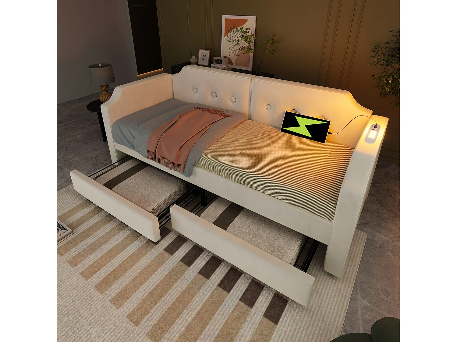Cama tapizada 90x200 cm con 2 cajones, sofá cama con 2 cajones, lámpara de lectura y toma USB Tipo C - Terciopelo - Beige (sin colchón)