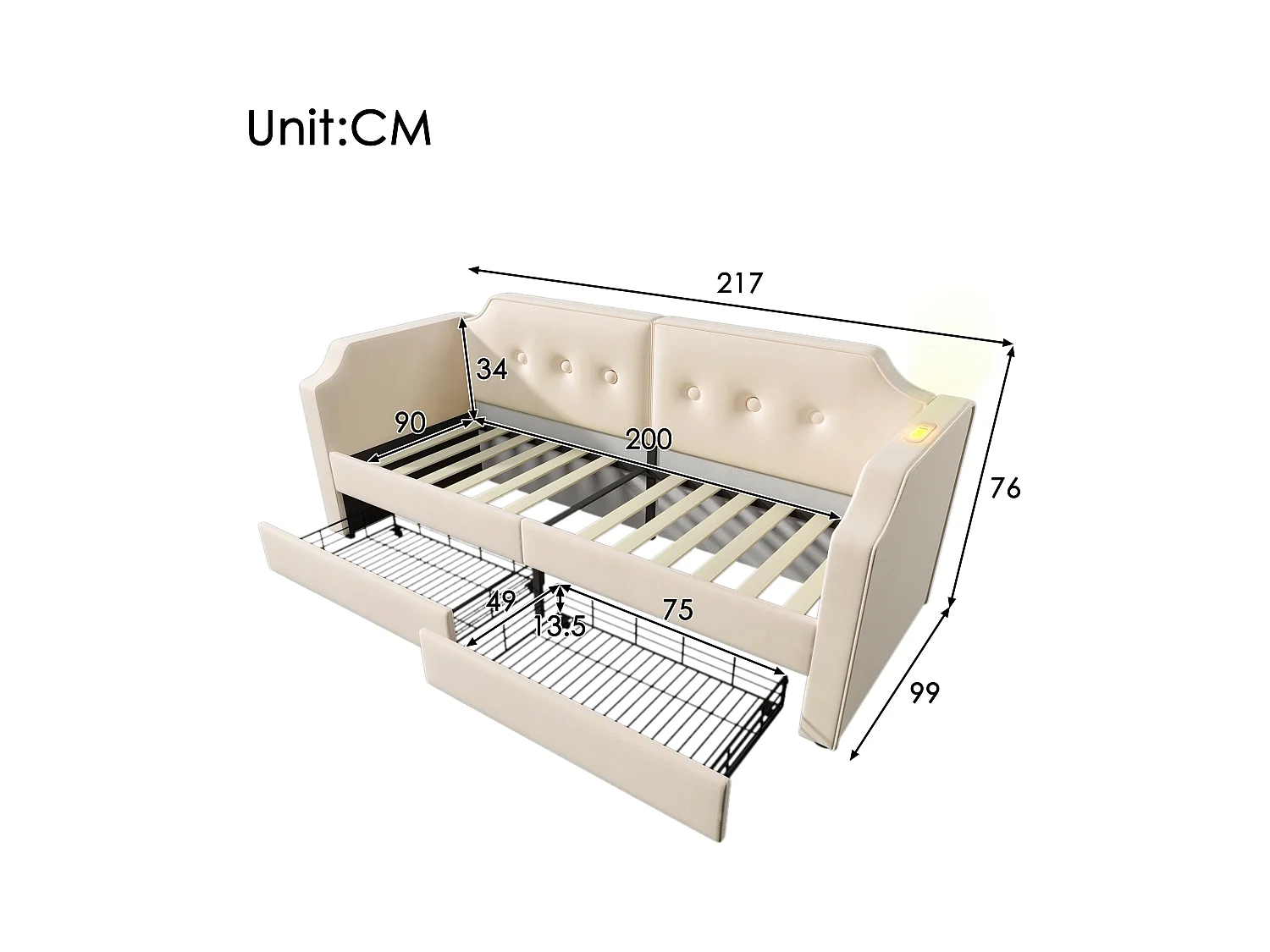 Lit capitonné 90 x 200 cm avec 2 tiroirs, canapé-lit avec 2 tiroirs, lampe de lecture et prise USB Type-C - Velours - Beige (sans matelas)