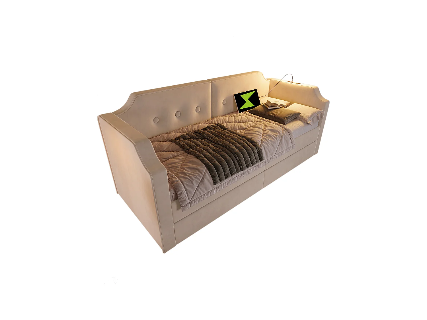 Lit capitonné 90 x 200 cm avec 2 tiroirs, canapé-lit avec 2 tiroirs, lampe de lecture et prise USB Type-C - Velours - Beige (sans matelas)