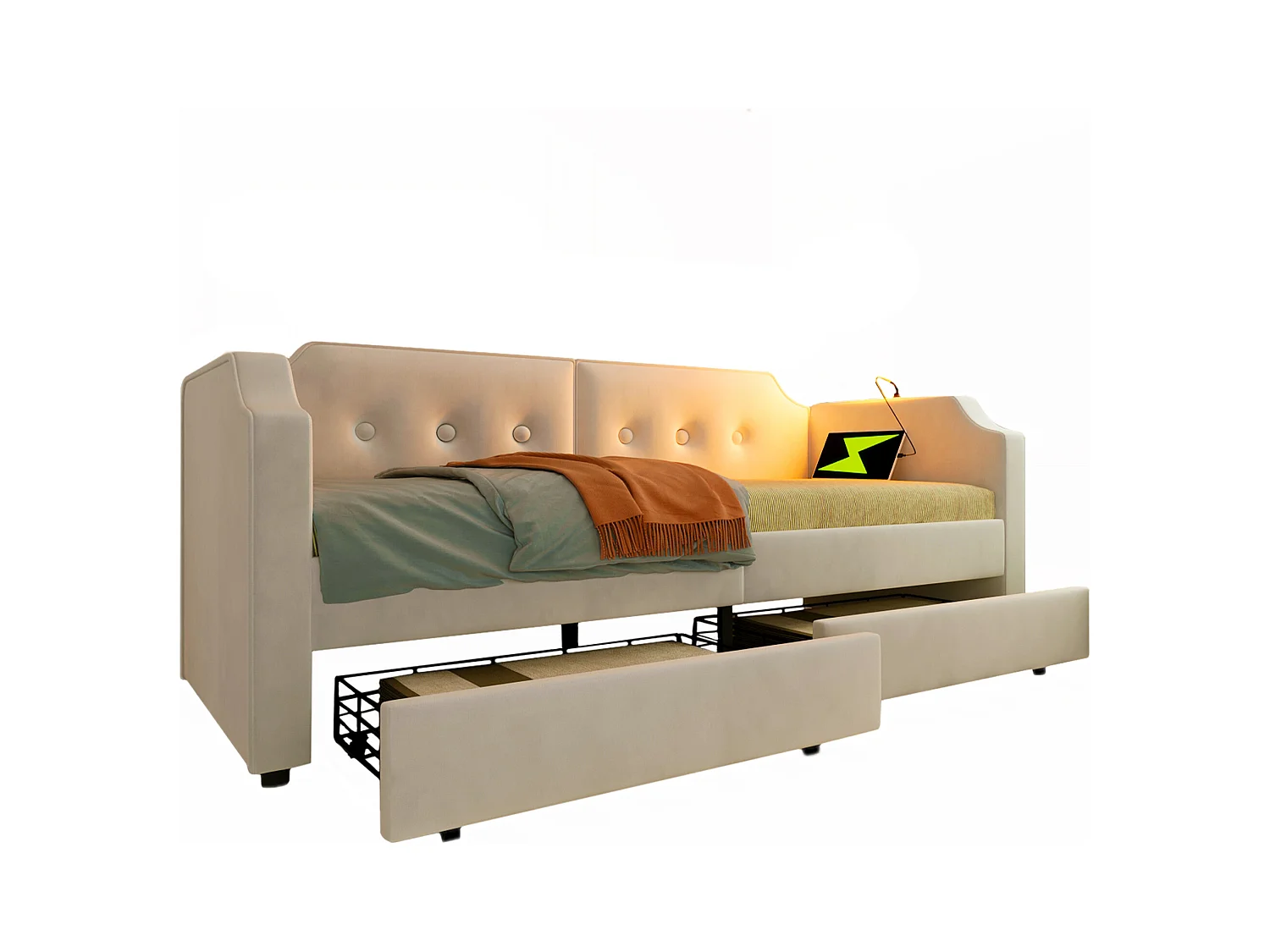 Lit capitonné 90 x 200 cm avec 2 tiroirs, canapé-lit avec 2 tiroirs, lampe de lecture et prise USB Type-C - Velours - Beige (sans matelas)