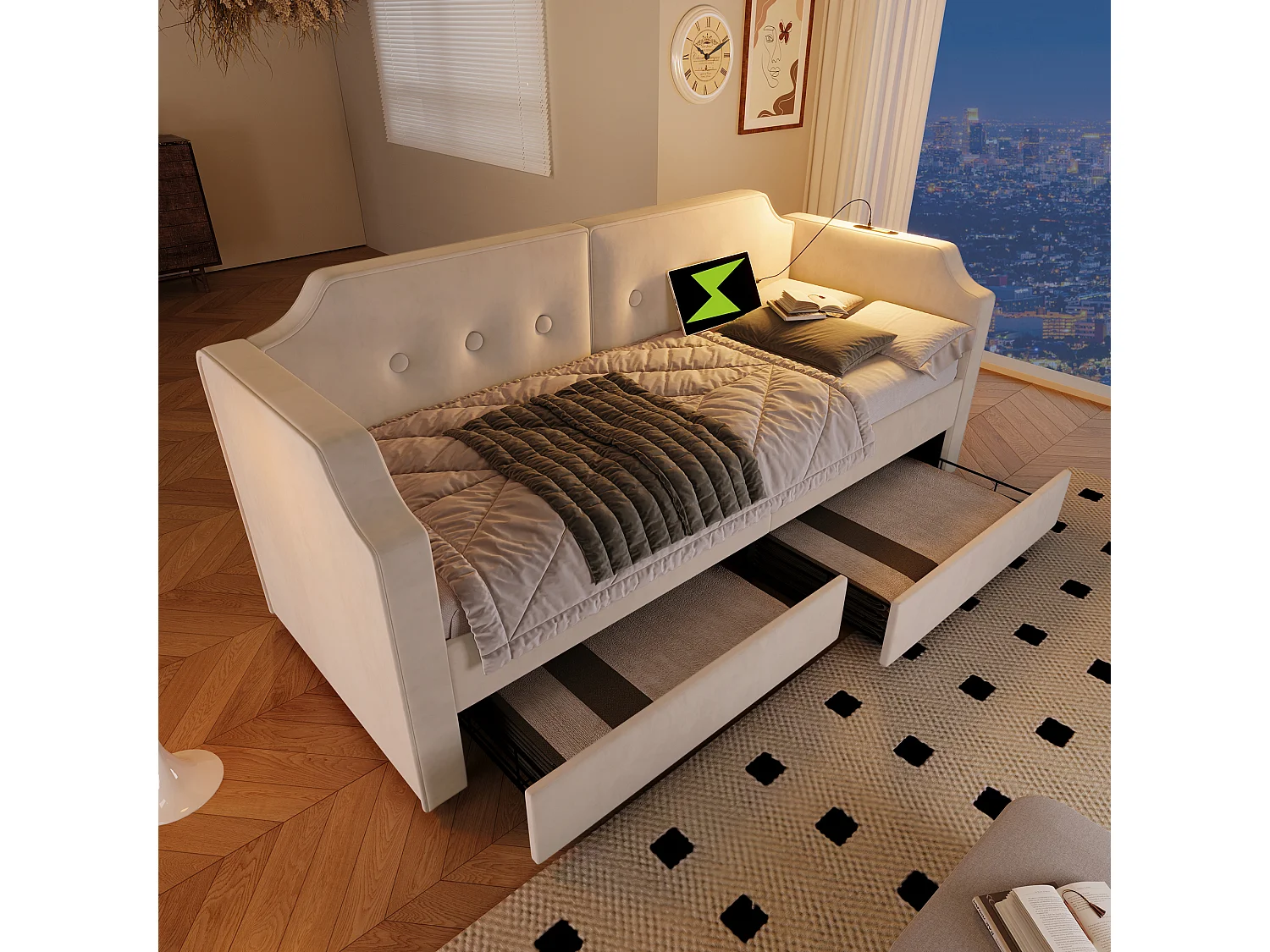 Polsterbett 90 x 200 cm mit 2 Schubladen, Schlafsofa mit 2 Schubladen, Leselampe und USB-Typ-C-Buchse – Samt – Beige (ohne Matratze)