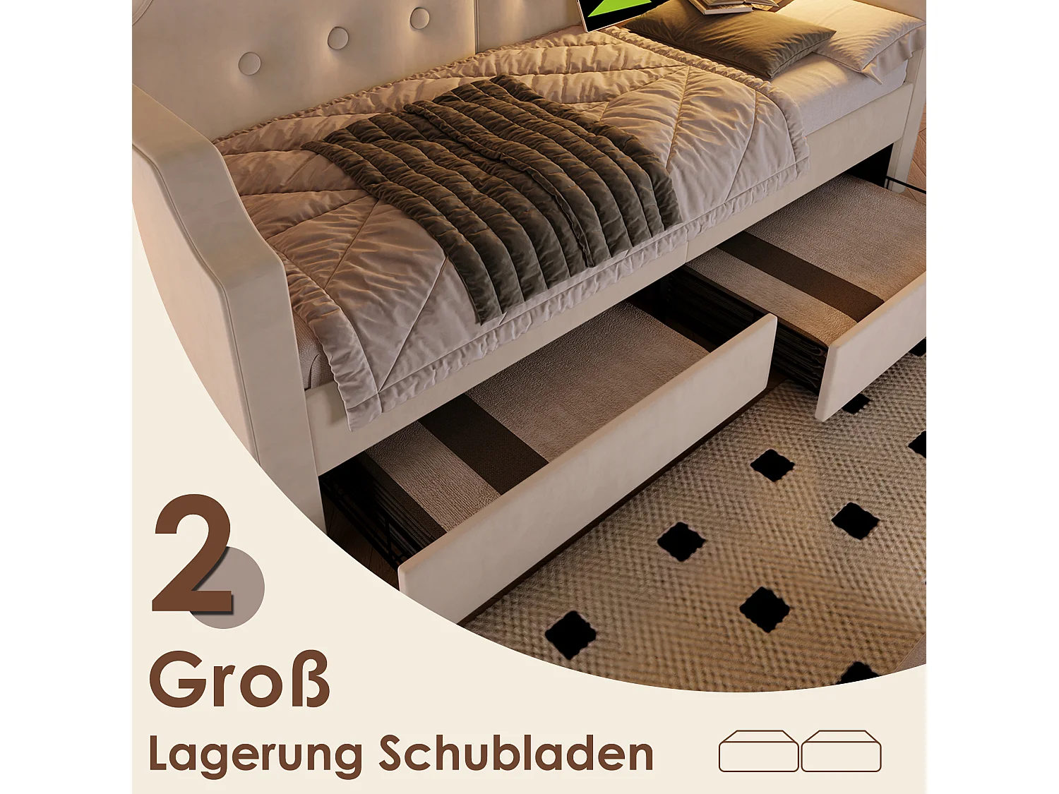 Polsterbett 90 x 200 cm mit 2 Schubladen, Schlafsofa mit 2 Schubladen, Leselampe und USB-Typ-C-Buchse – Samt – Beige (ohne Matratze)