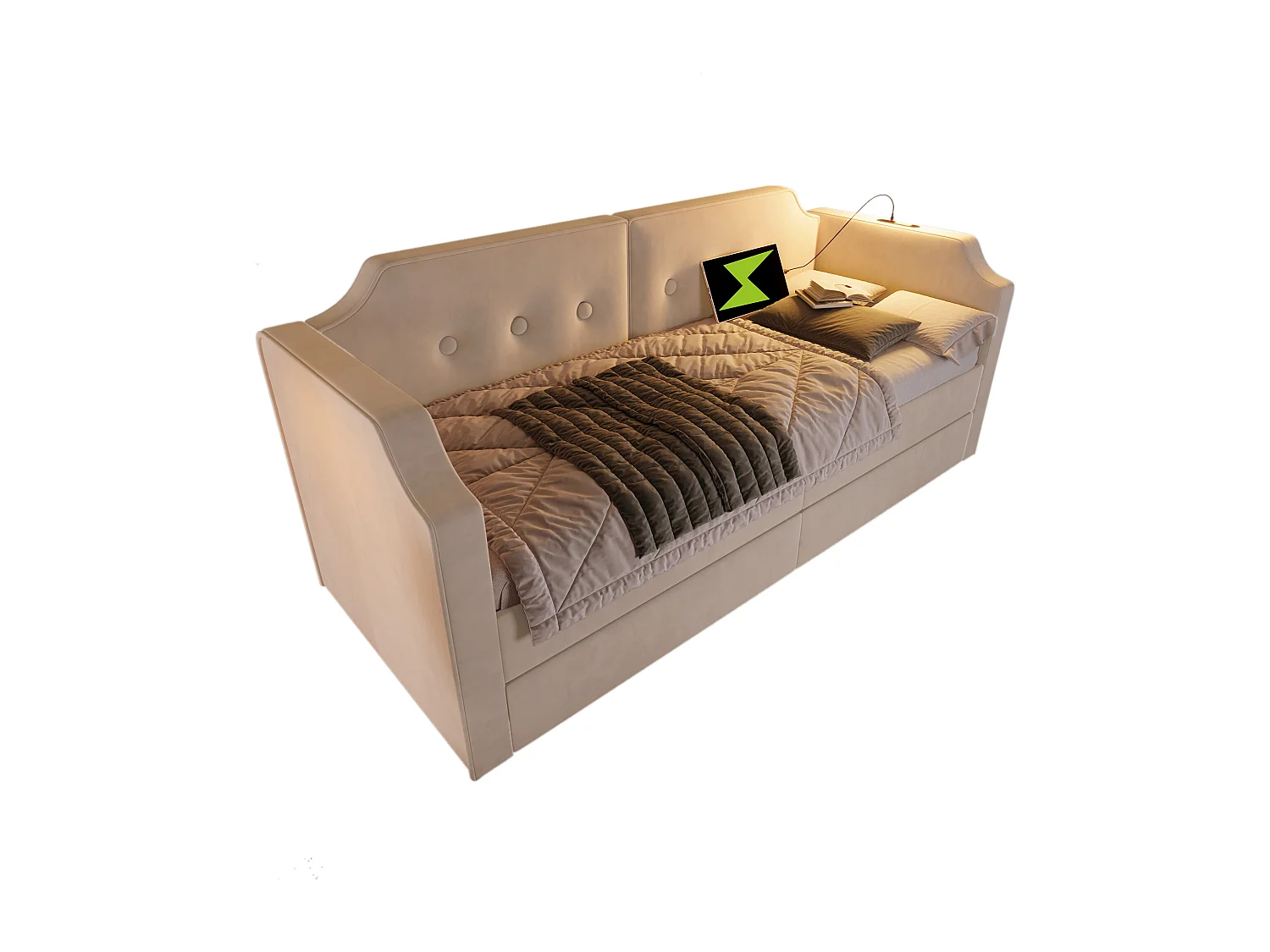 Polsterbett 90 x 200 cm mit 2 Schubladen, Schlafsofa mit 2 Schubladen, Leselampe und USB-Typ-C-Buchse – Samt – Beige (ohne Matratze)