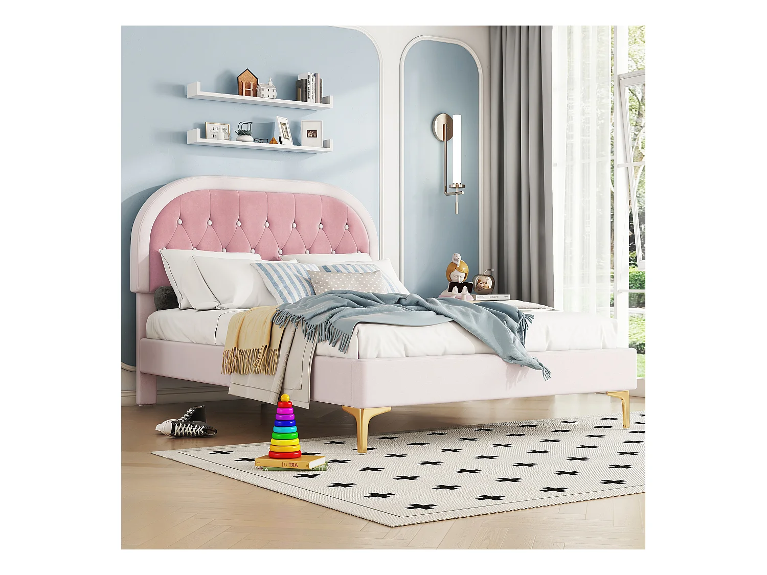 Lit capitonné 140 x 200cm avec tête de lit courbée - pieds en métal - velours - rose (sans matelas)