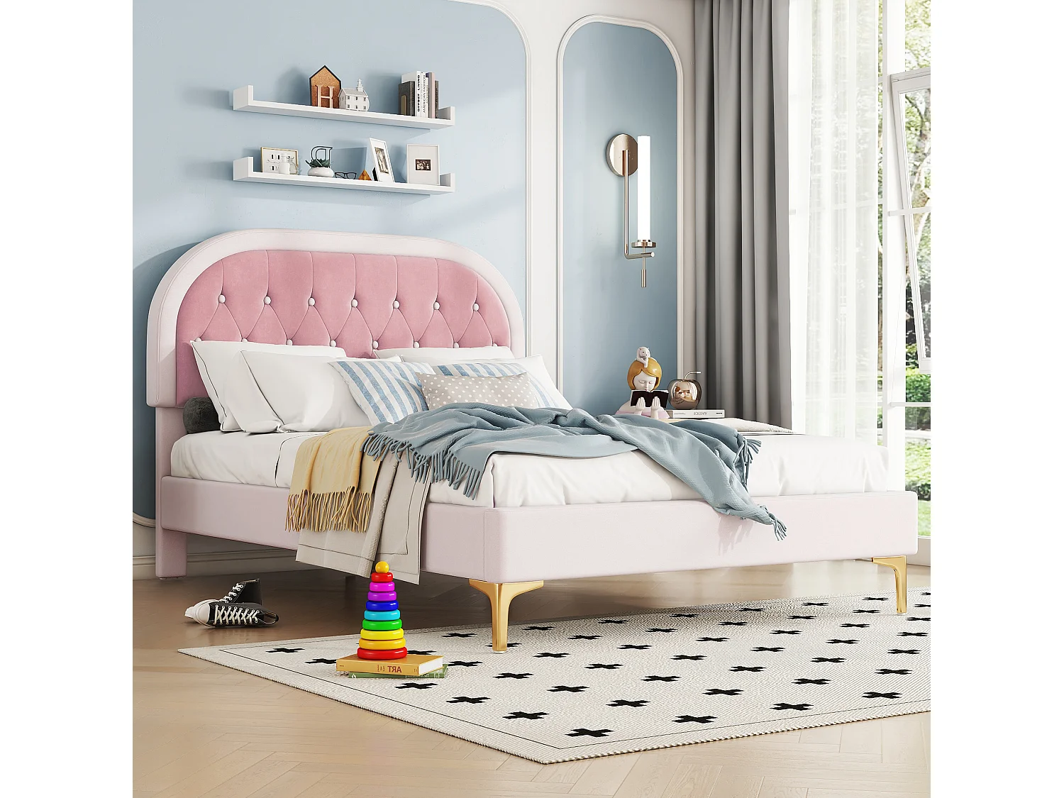 Lit capitonné 140 x 200cm avec tête de lit courbée - pieds en métal - velours - rose (sans matelas)