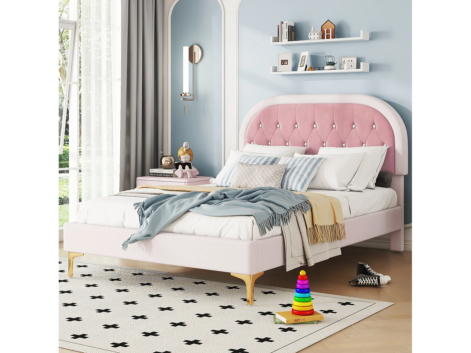 Lit capitonné 140 x 200cm avec tête de lit courbée - pieds en métal - velours - rose (sans matelas)