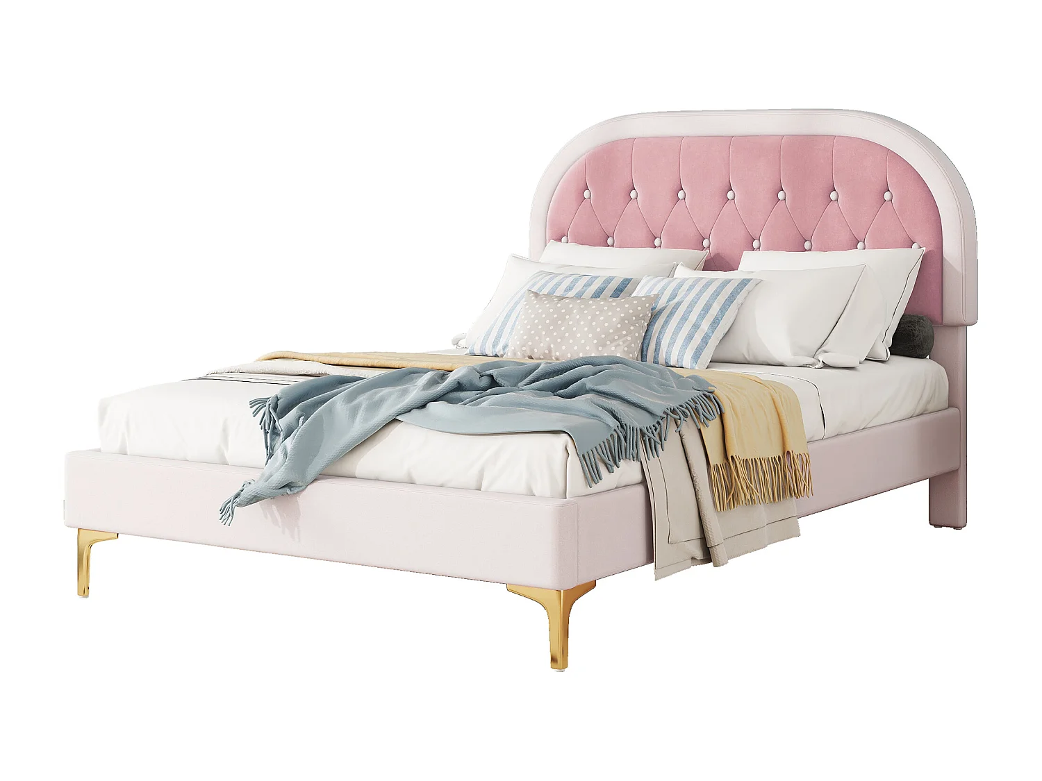 Lit capitonné 140 x 200cm avec tête de lit courbée - pieds en métal - velours - rose (sans matelas)