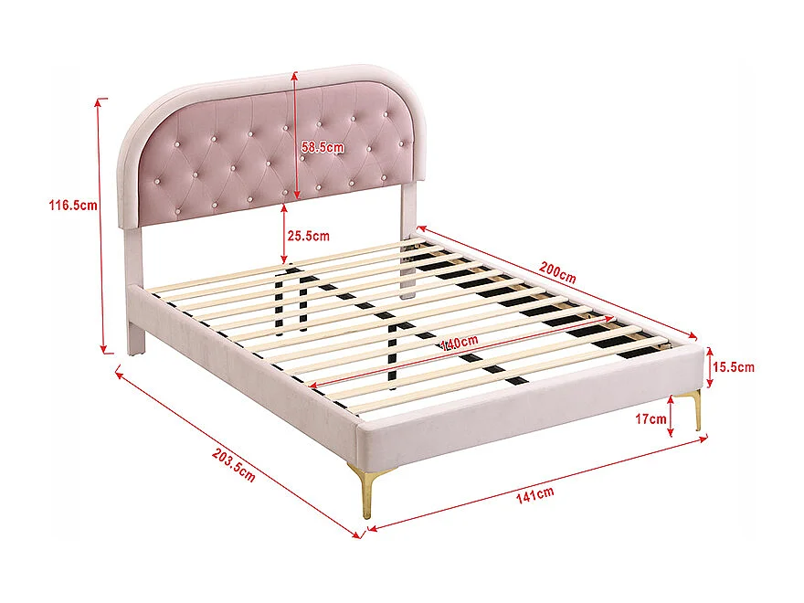 Lit capitonné 140 x 200cm avec tête de lit courbée - pieds en métal - velours - rose (sans matelas)