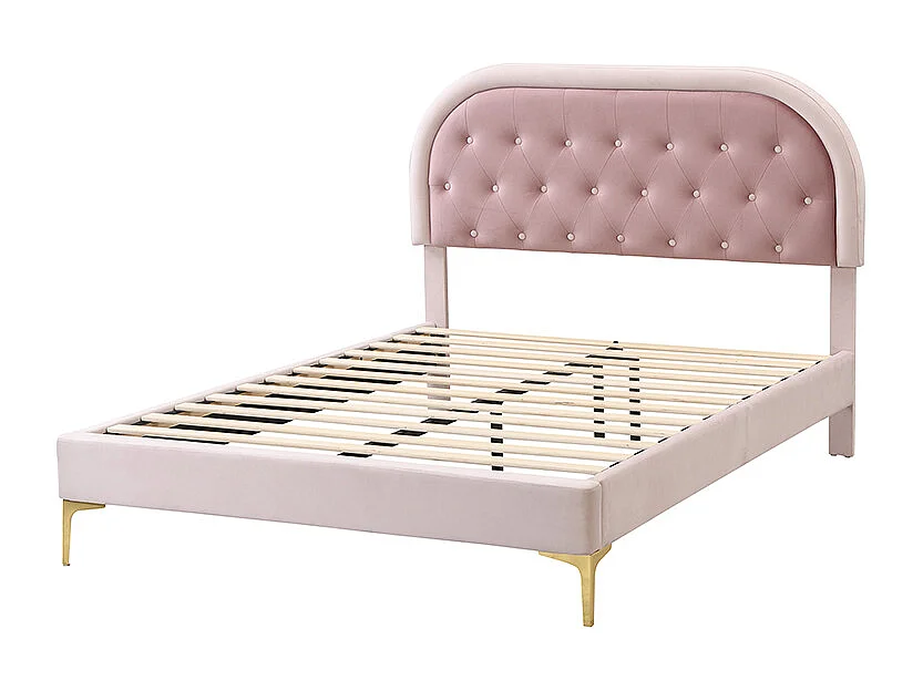 Lit capitonné 140 x 200cm avec tête de lit courbée - pieds en métal - velours - rose (sans matelas)