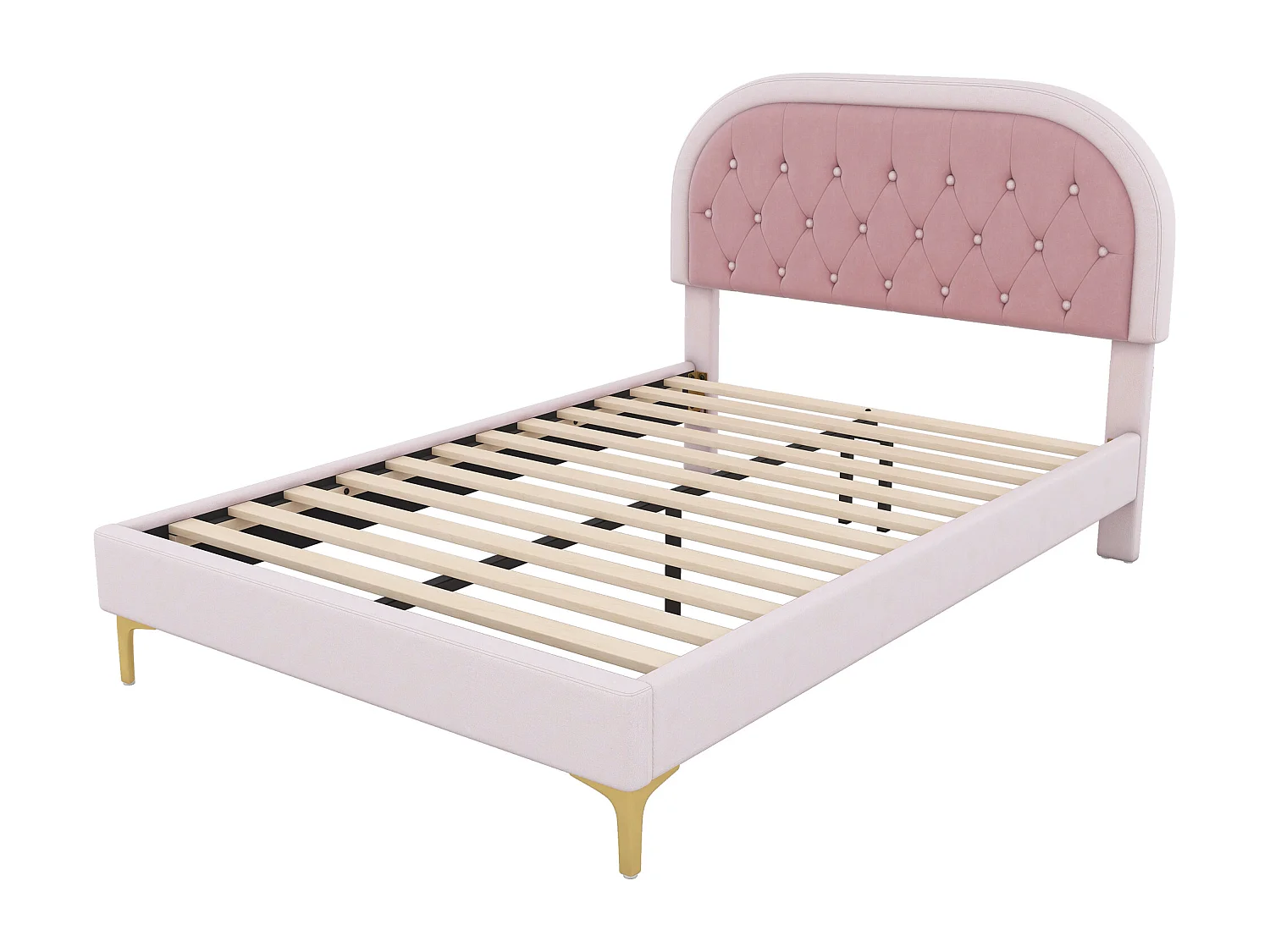 Lit capitonné 140 x 200cm avec tête de lit courbée - pieds en métal - velours - rose (sans matelas)