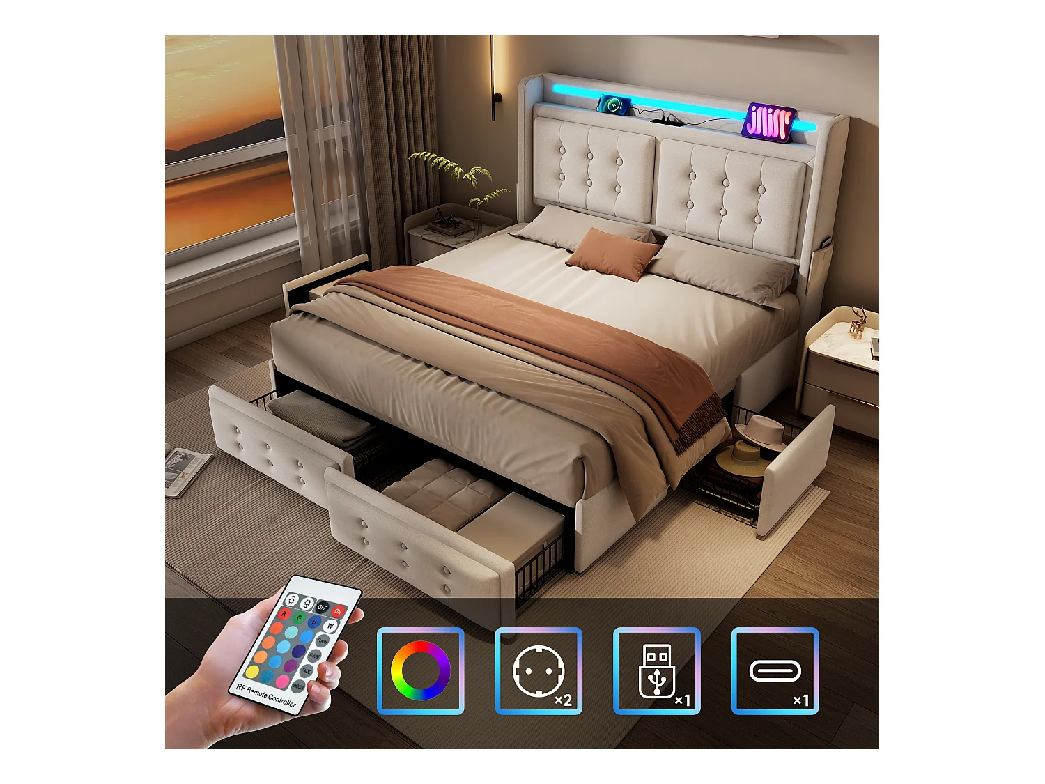 Lit capitonné 180 x 200 cm avec 4 tiroirs, tête de lit LED, prise USB Type-C - Tissu en coton - Beige (sans matelas)
