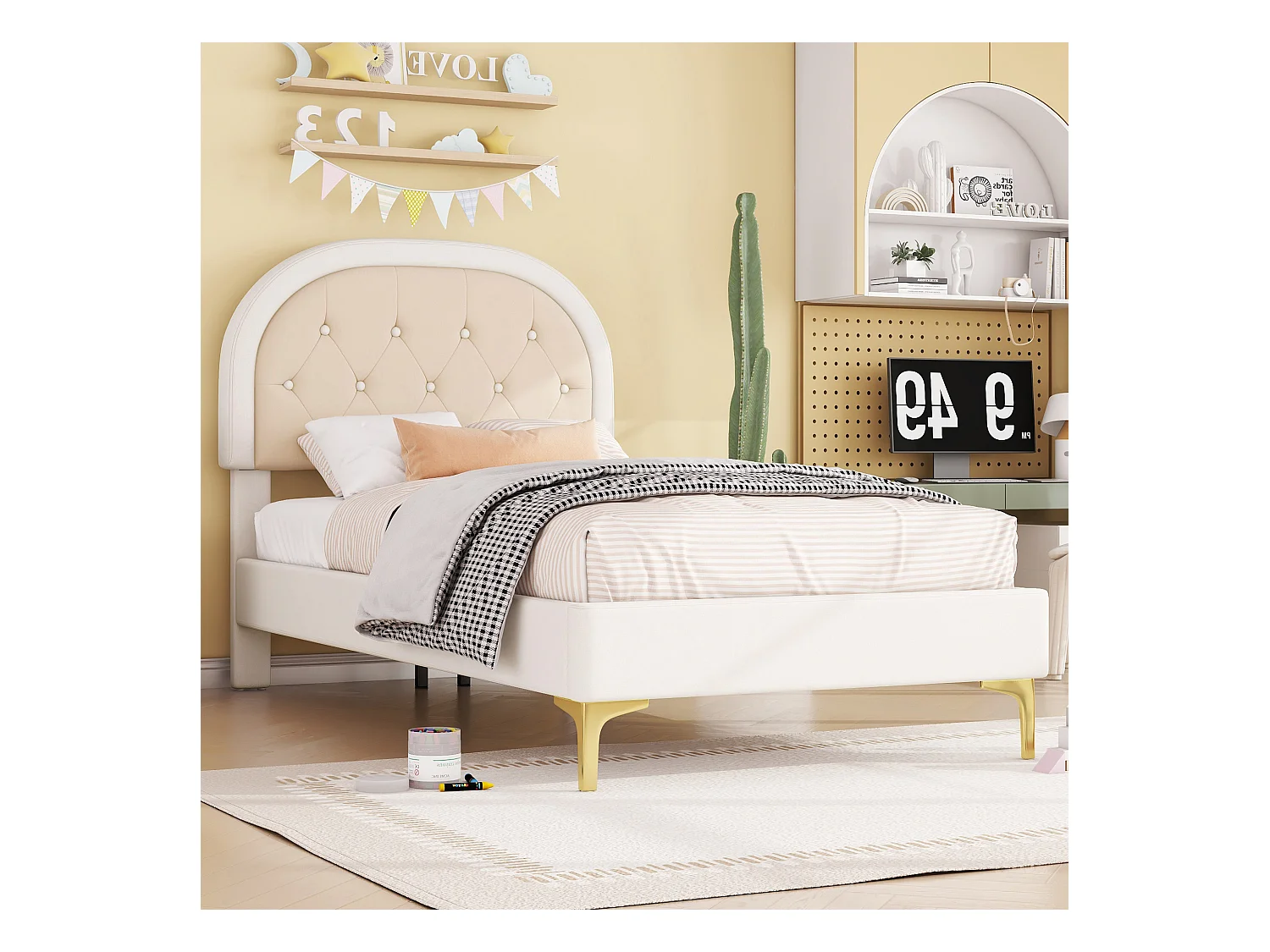 Lit capitonné 90 x 200cm avec tête de lit courbée - pieds en métal - velours - beige (sans matelas)