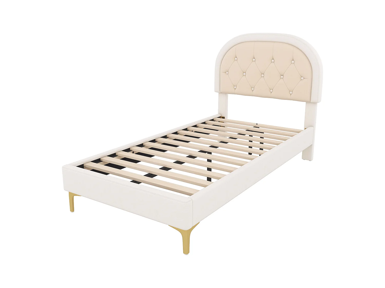 Lit capitonné 90 x 200cm avec tête de lit courbée - pieds en métal - velours - beige (sans matelas)