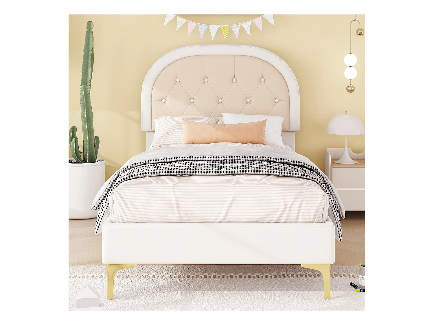 Lit capitonné 90 x 200cm avec tête de lit courbée - pieds en métal - velours - beige (sans matelas)