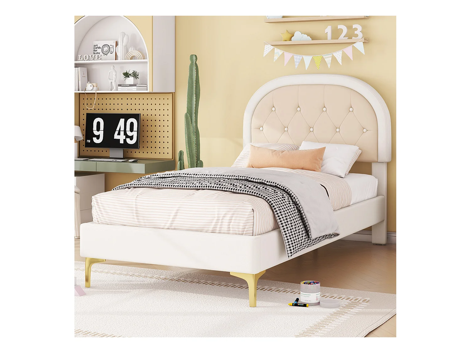 Lit capitonné 90 x 200cm avec tête de lit courbée - pieds en métal - velours - beige (sans matelas)