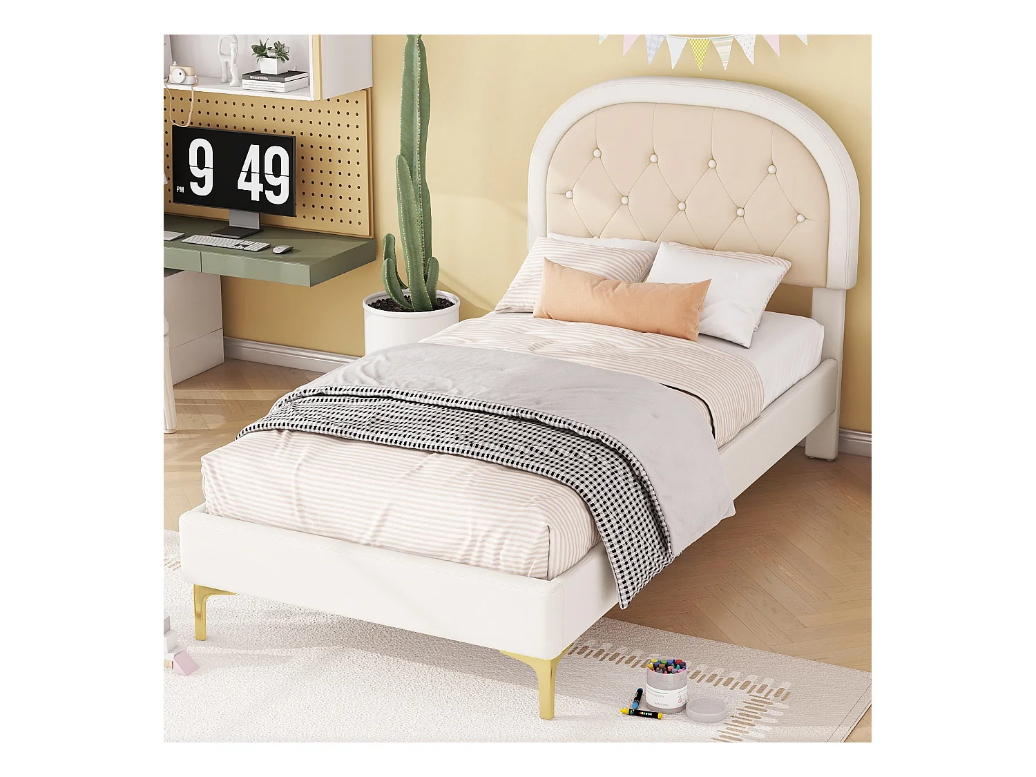 Lit capitonné 90 x 200cm avec tête de lit courbée - pieds en métal - velours - beige (sans matelas)