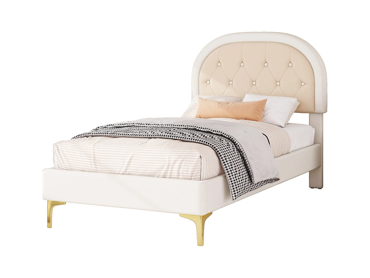 Lit capitonné 90 x 200cm avec tête de lit courbée - pieds en métal - velours - beige (sans matelas)