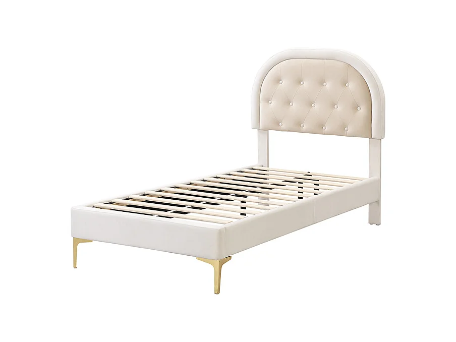 Lit capitonné 90 x 200cm avec tête de lit courbée - pieds en métal - velours - beige (sans matelas)