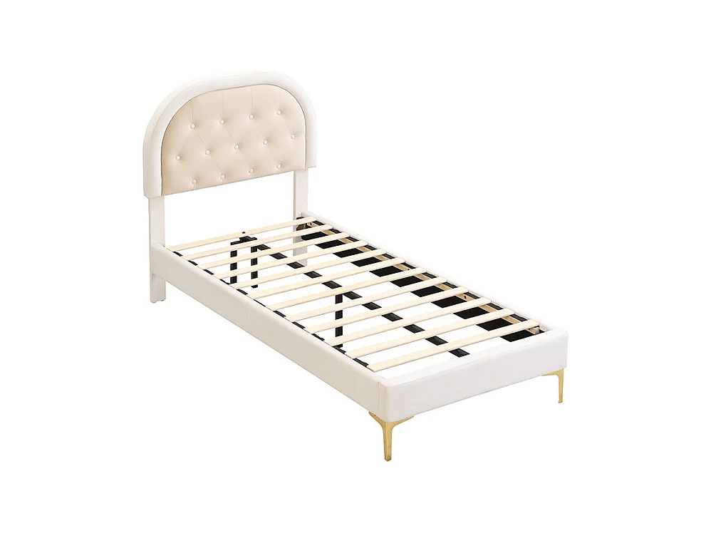 Lit capitonné 90 x 200cm avec tête de lit courbée - pieds en métal - velours - beige (sans matelas)