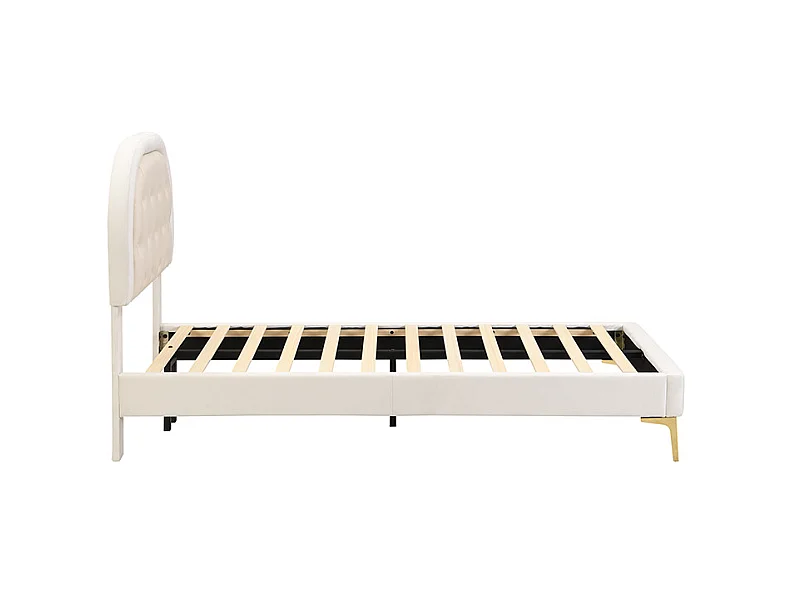 Lit capitonné 90 x 200cm avec tête de lit courbée - pieds en métal - velours - beige (sans matelas)