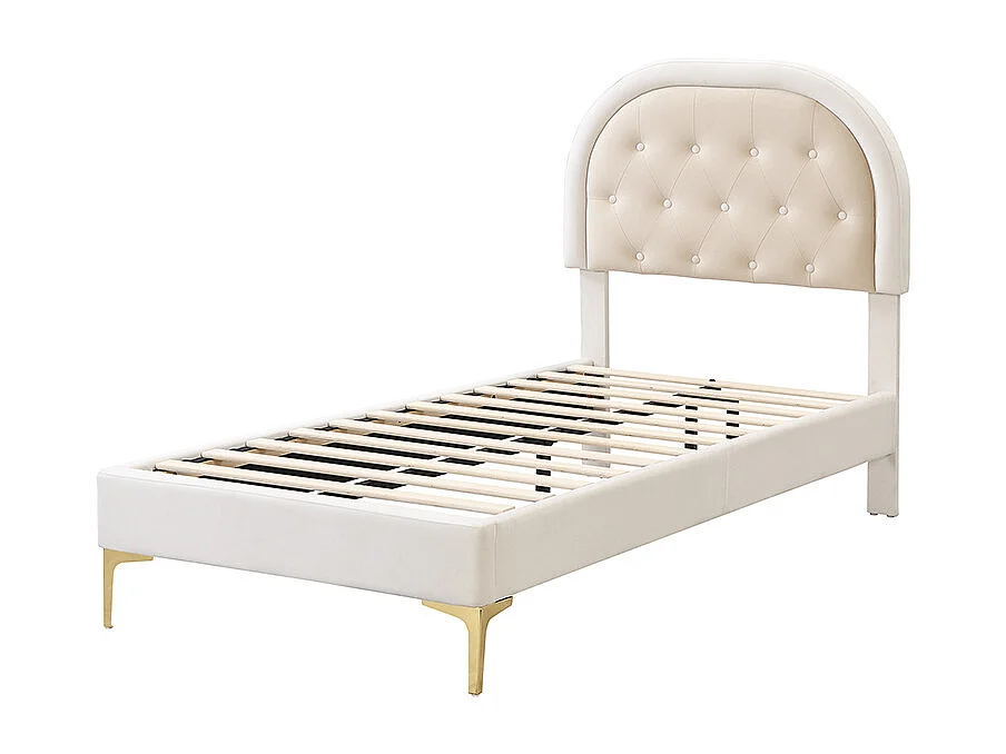 Lit capitonné 90 x 200cm avec tête de lit courbée - pieds en métal - velours - beige (sans matelas)
