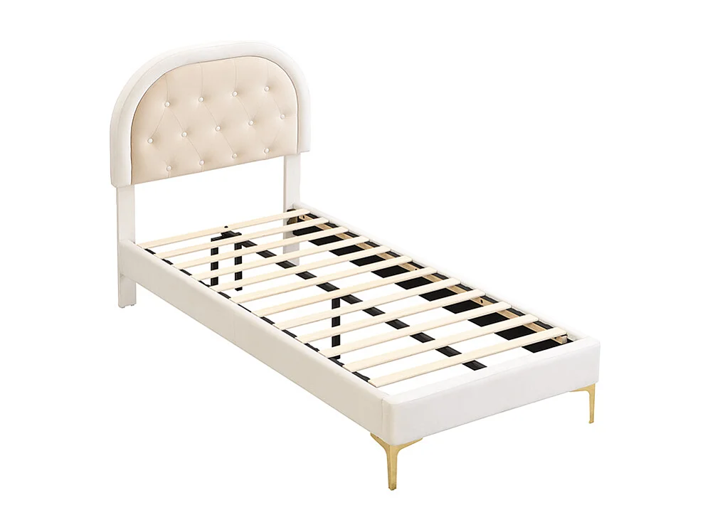 Lit capitonné 90 x 200cm avec tête de lit courbée - pieds en métal - velours - beige (sans matelas)