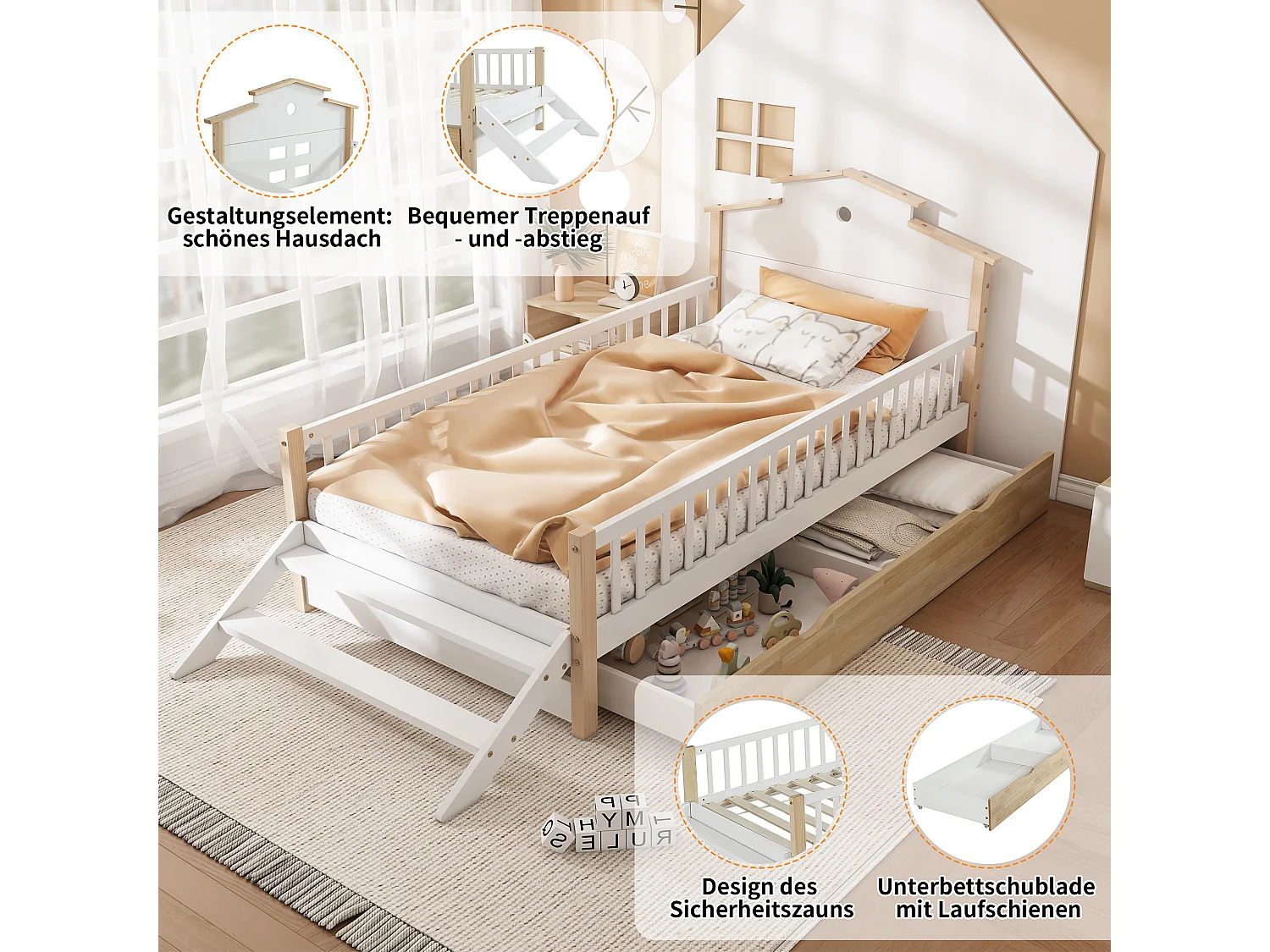 Łóżko dziecięce 90 x 200 cm z 2 szufladami, zabezpieczeniem przed upadkiem i kratką - sosna + MDF - białe + naturalne (bez materaca)