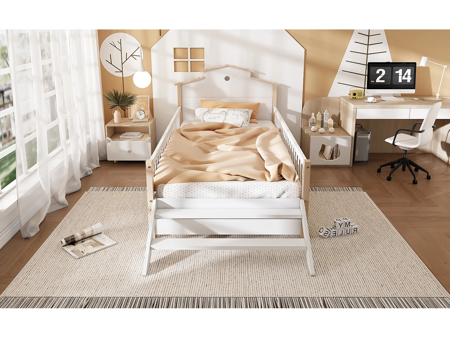 Łóżko dziecięce 90 x 200 cm z 2 szufladami, zabezpieczeniem przed upadkiem i kratką - sosna + MDF - białe + naturalne (bez materaca)