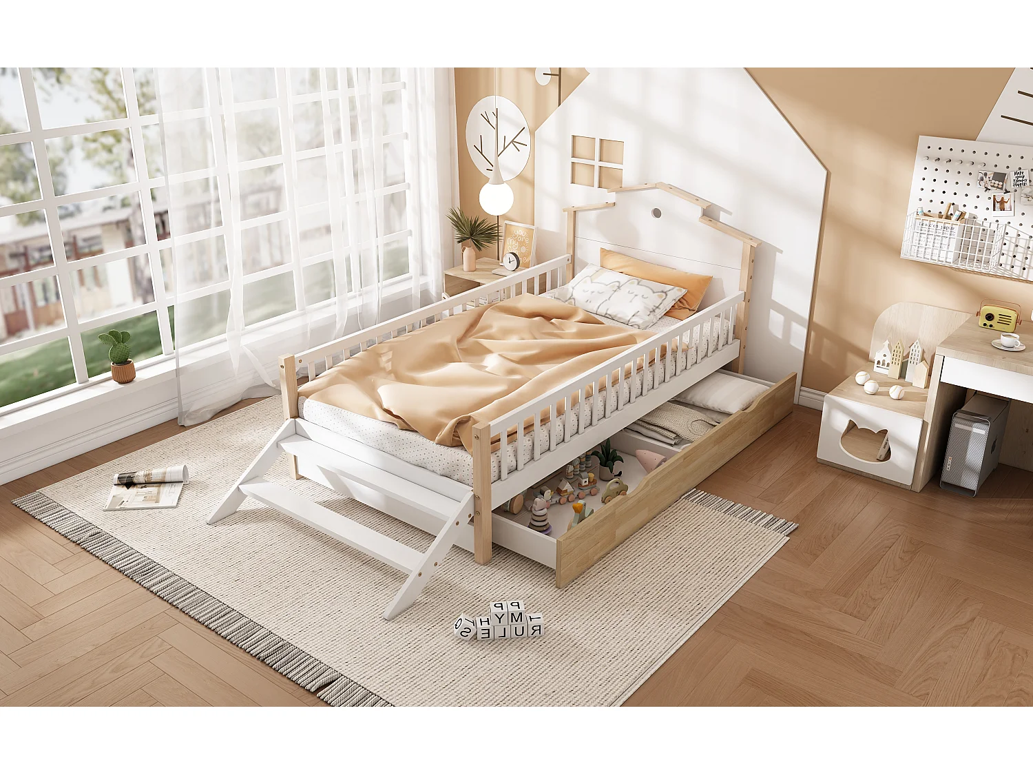 Łóżko dziecięce 90 x 200 cm z 2 szufladami, zabezpieczeniem przed upadkiem i kratką - sosna + MDF - białe + naturalne (bez materaca)