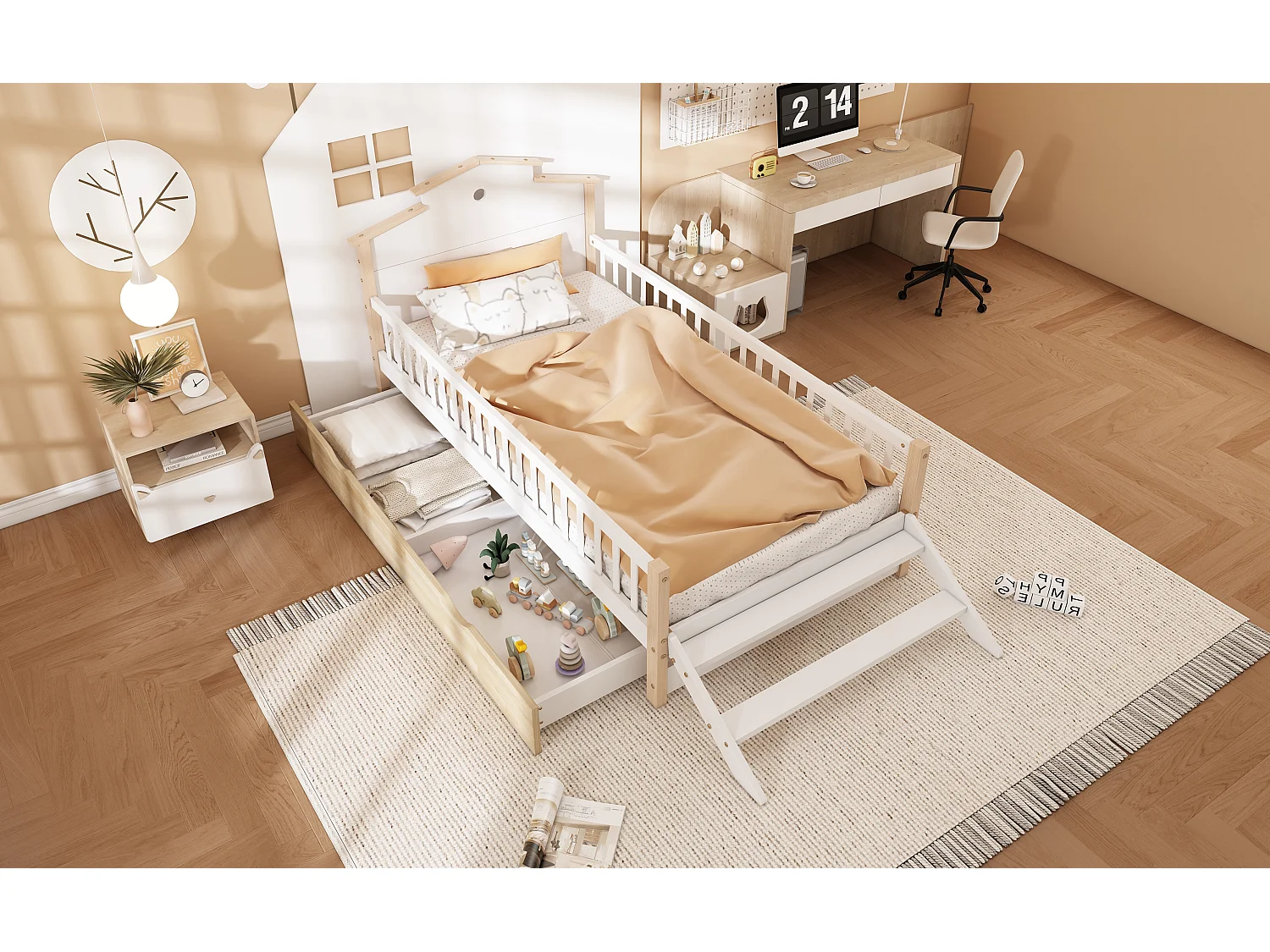 Łóżko dziecięce 90 x 200 cm z 2 szufladami, zabezpieczeniem przed upadkiem i kratką - sosna + MDF - białe + naturalne (bez materaca)