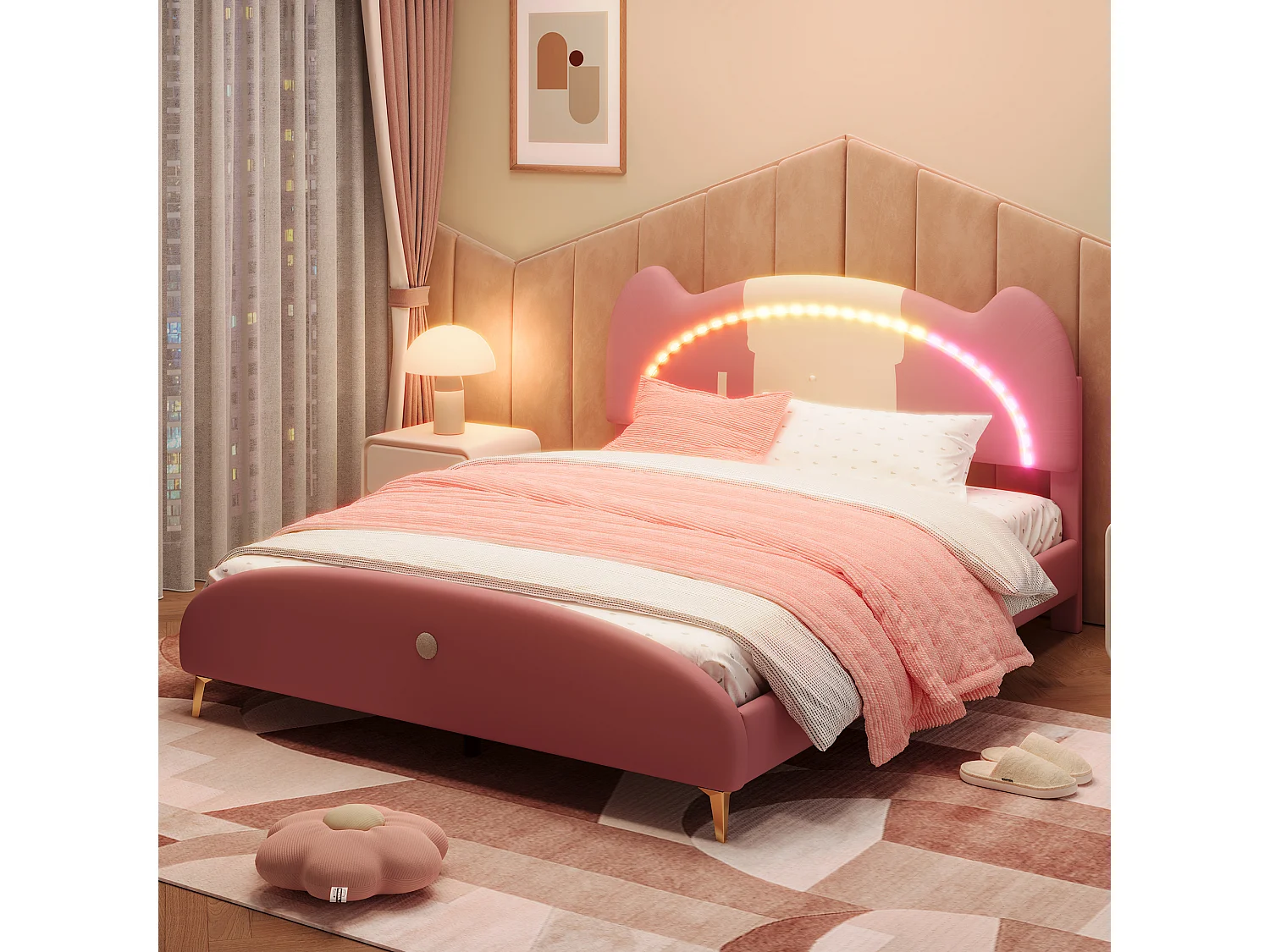 Lit capitonné 140 x 200 cm avec tête de lit - LEDs - éponge douce et cuir PU - beige + rose