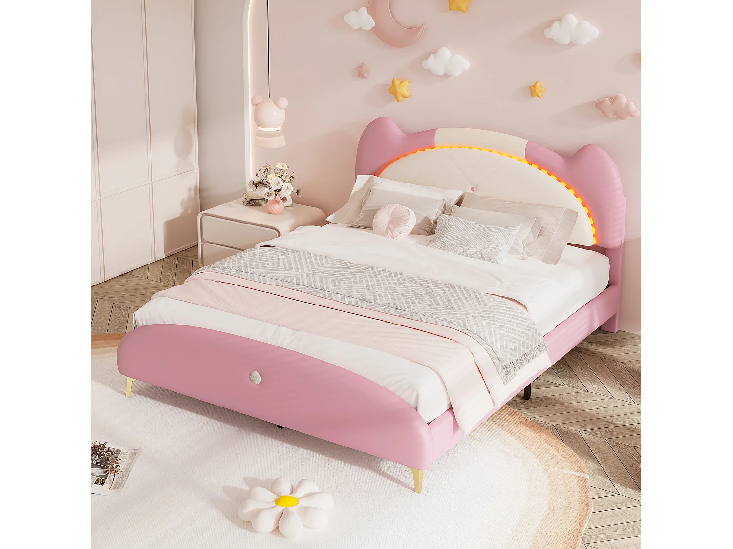 Lit capitonné 140 x 200 cm avec tête de lit - LEDs - éponge douce et cuir PU - beige + rose