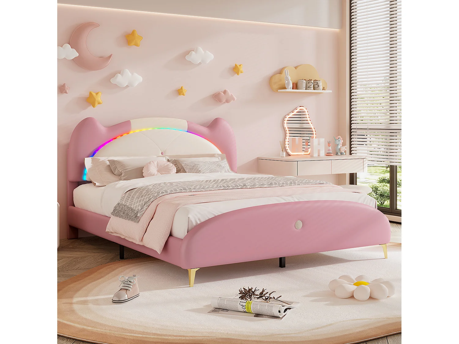 Lit capitonné 140 x 200 cm avec tête de lit - LEDs - éponge douce et cuir PU - beige + rose