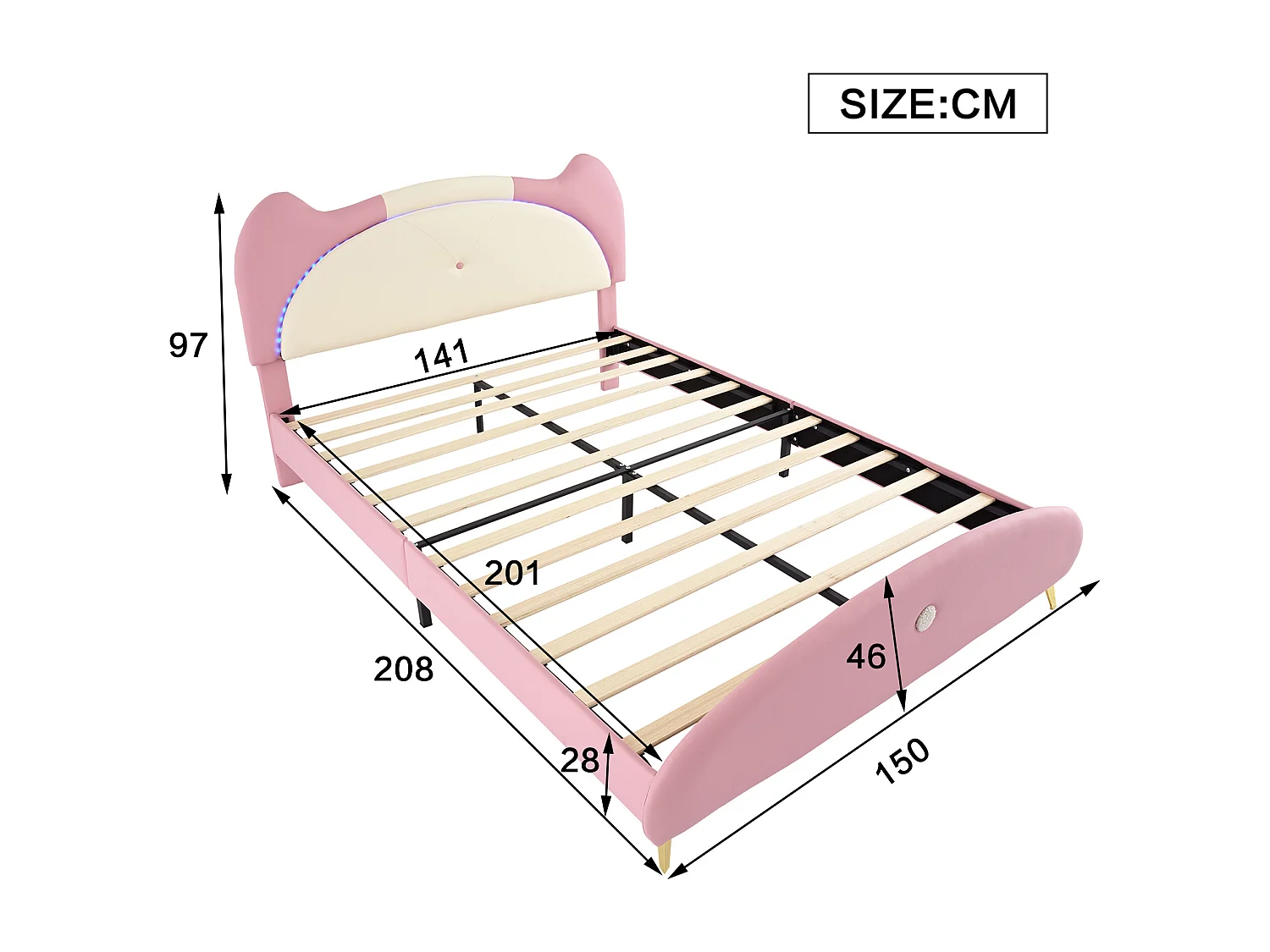 Lit capitonné 140 x 200 cm avec tête de lit - LEDs - éponge douce et cuir PU - beige + rose