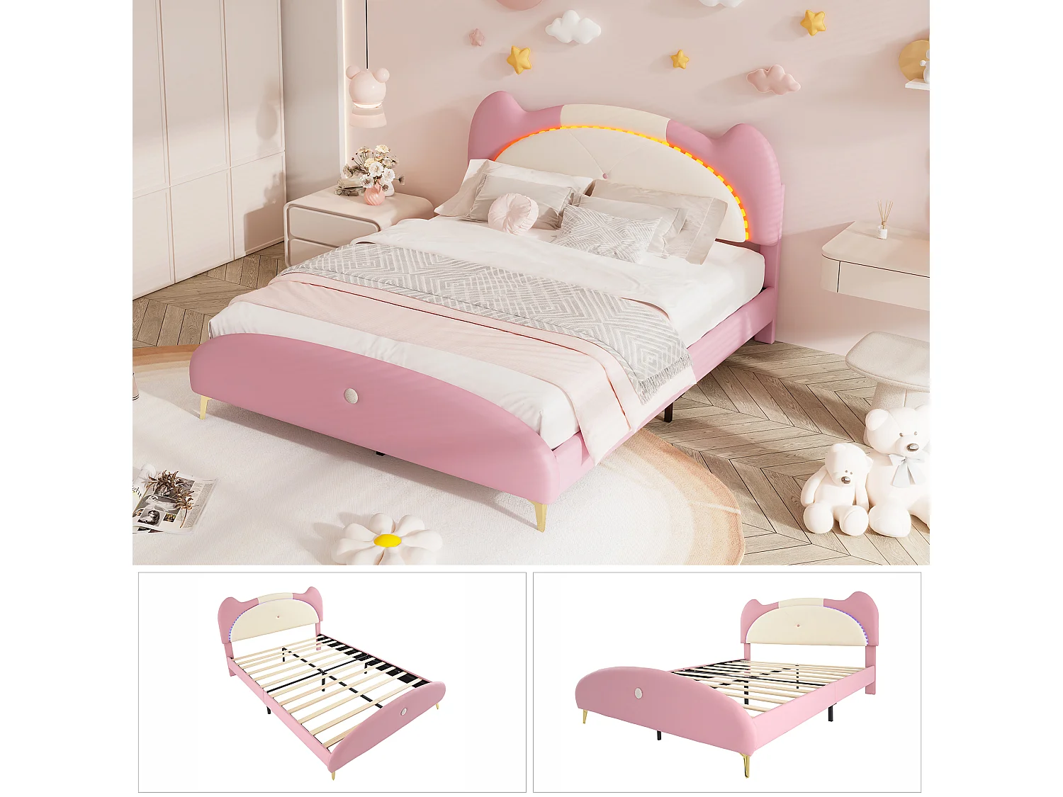 Lit capitonné 140 x 200 cm avec tête de lit - LEDs - éponge douce et cuir PU - beige + rose