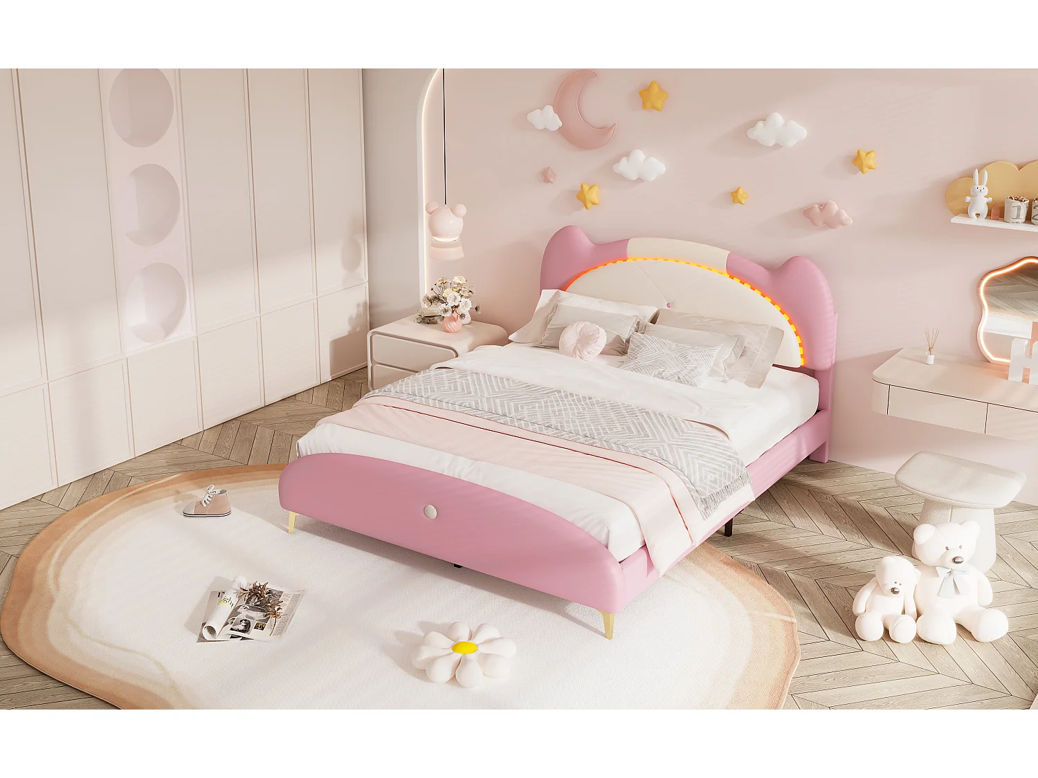 Lit capitonné 140 x 200 cm avec tête de lit - LEDs - éponge douce et cuir PU - beige + rose