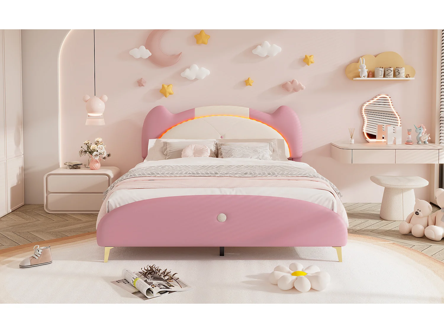 Lit capitonné 140 x 200 cm avec tête de lit - LEDs - éponge douce et cuir PU - beige + rose