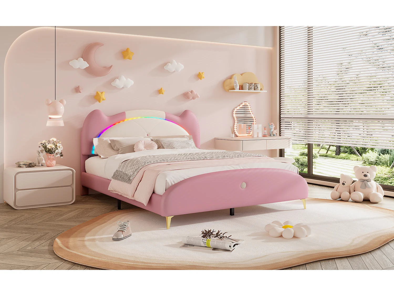 Lit capitonné 140 x 200 cm avec tête de lit - LEDs - éponge douce et cuir PU - beige + rose