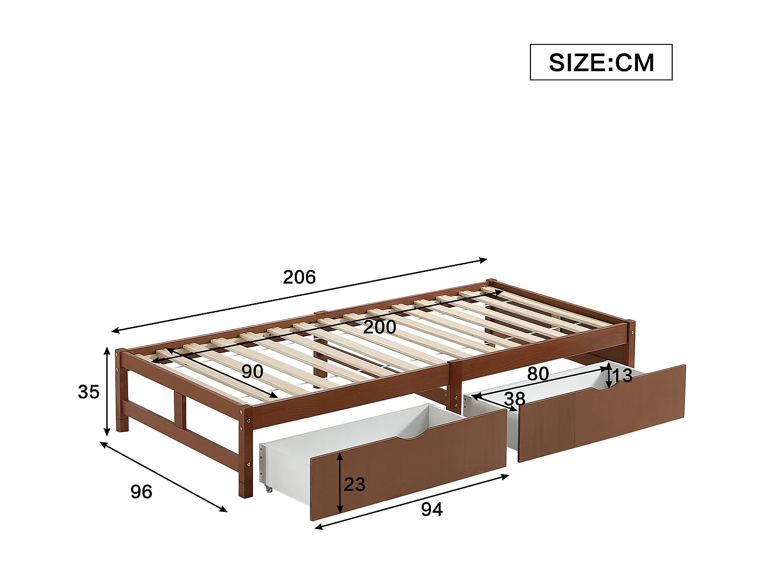 Kinderbed 90 x 200 cm zonder hoofdbord - 2 laden - grenen + MDF - roodbruin (zonder matras)