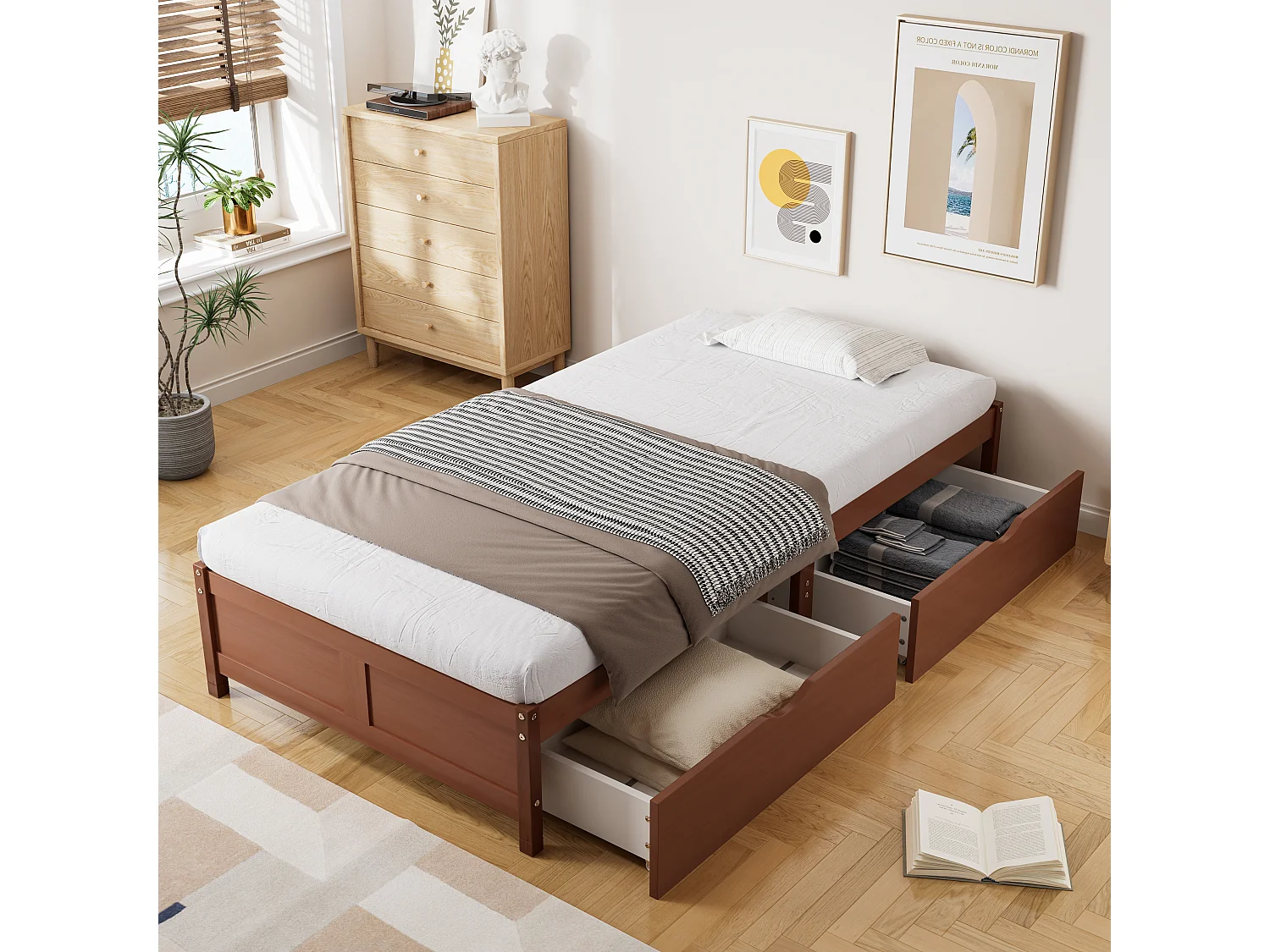 Kinderbett 90 x 200 cm ohne Kopfteil – 2 Schubladen – Kiefer + MDF – rotbraun (ohne Matratze)